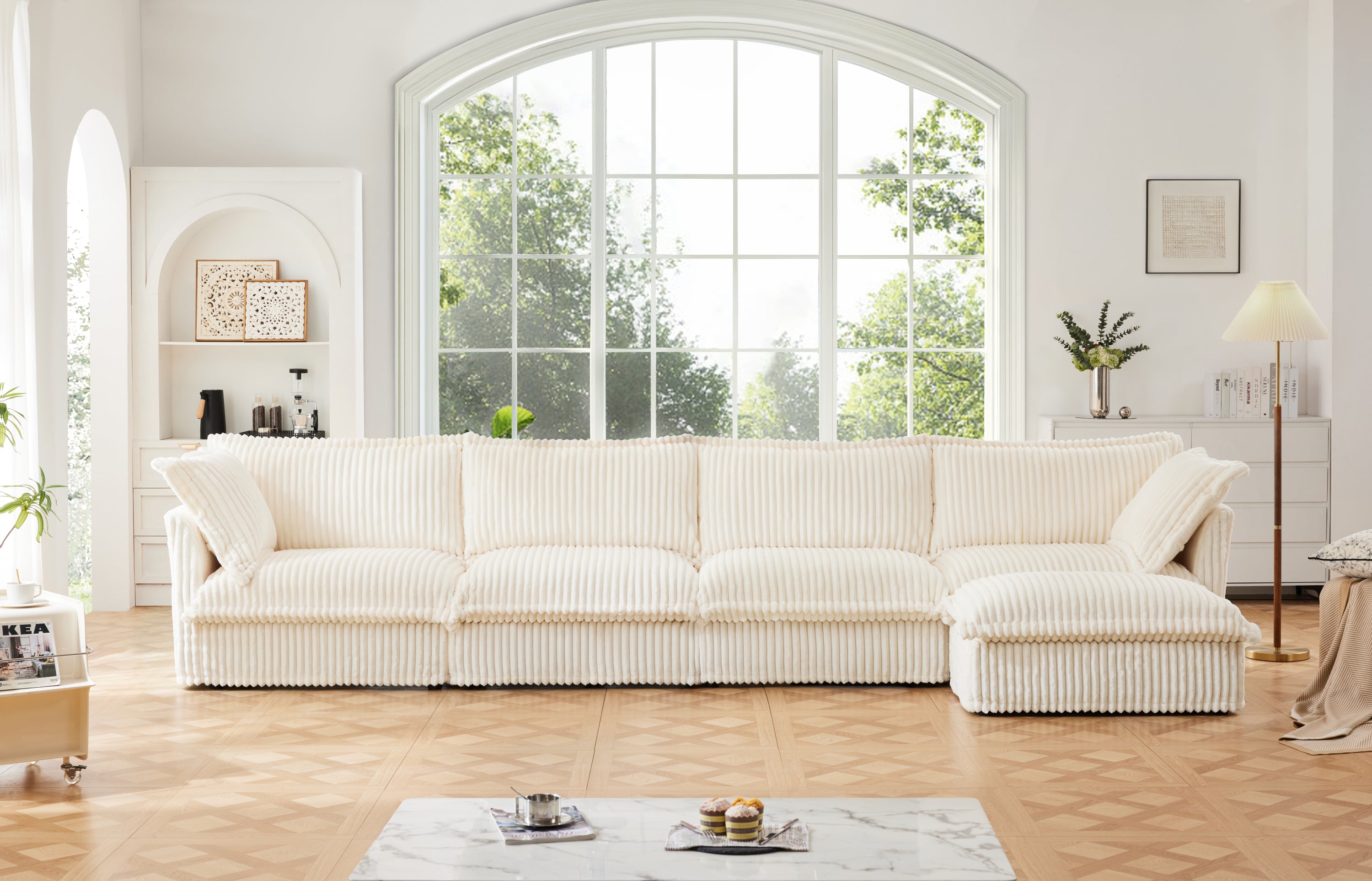 Cream Corduroy L-Shape Sectional Sofa, 4 Seater
