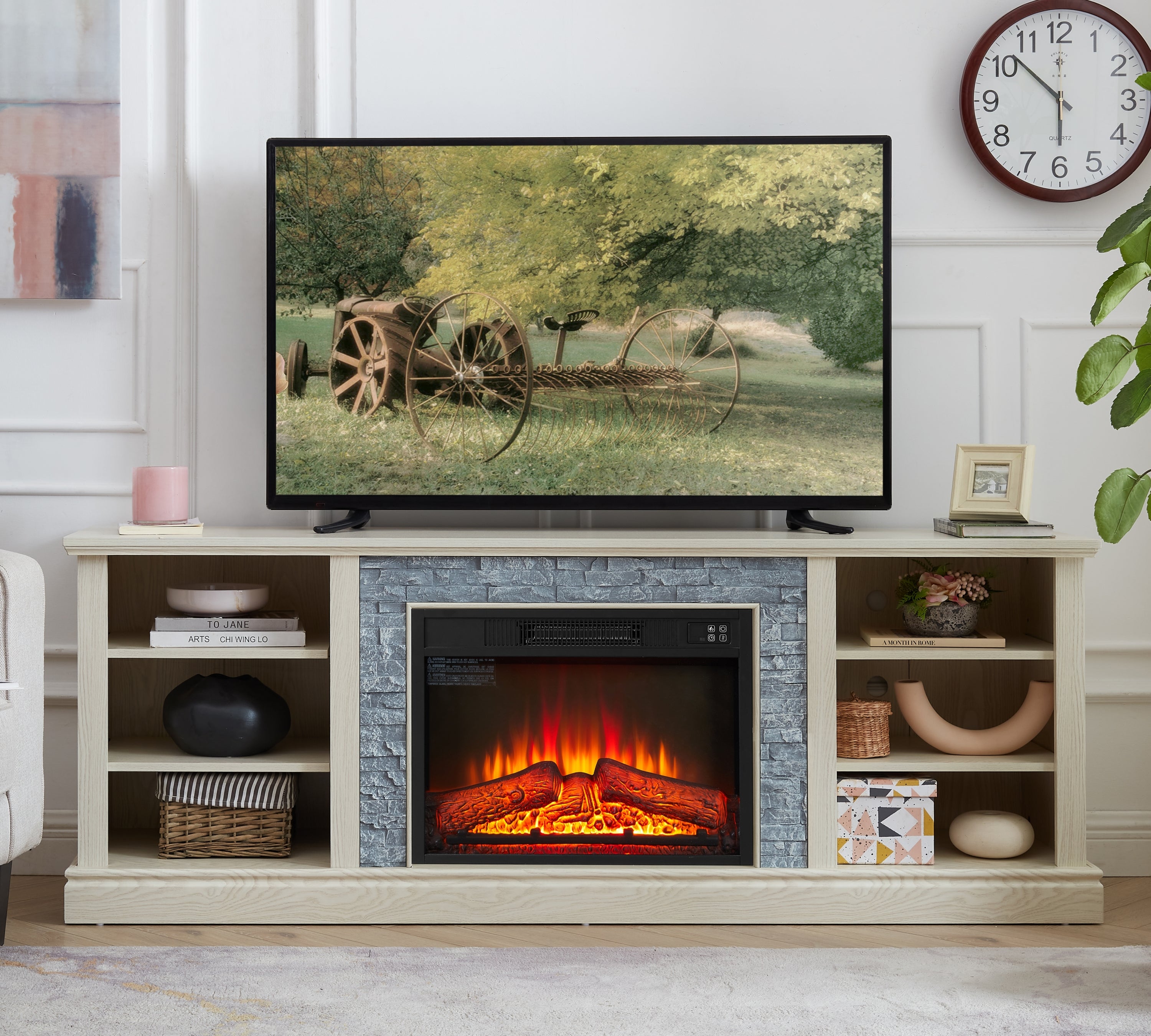 White Faux Stone TV Stand w/ Fireplace & Storage