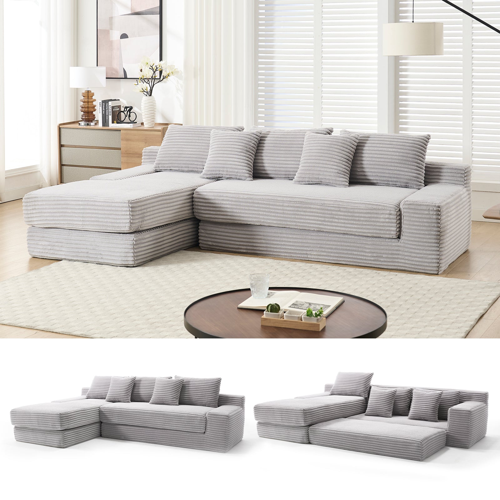 L-Shaped Sectional Sofa Bed: Memory Foam & Steel