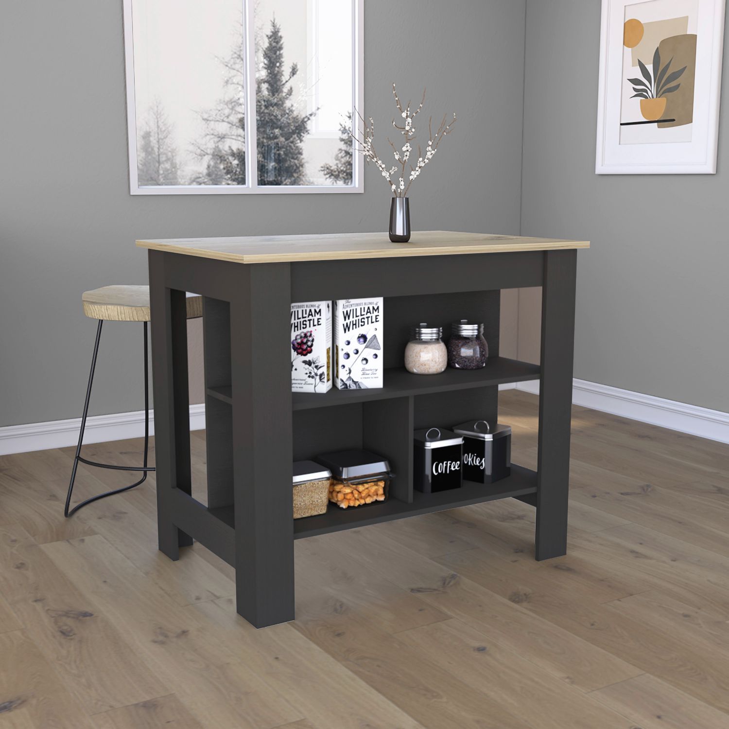 Black/Oak Kitchen Island: 35"H, 4 Legs, 3 Shelves