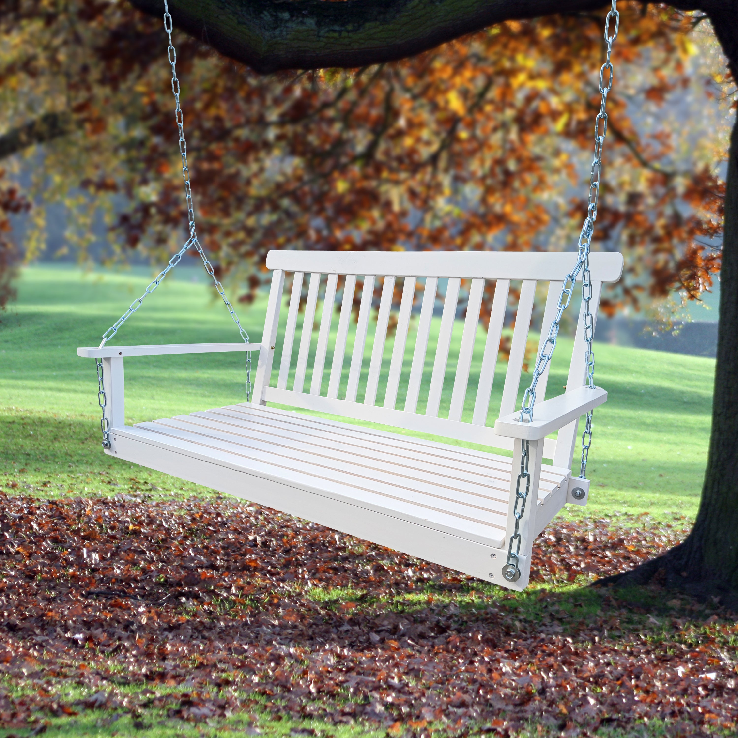 White Porch Swing with Armrests: Easy Assembly