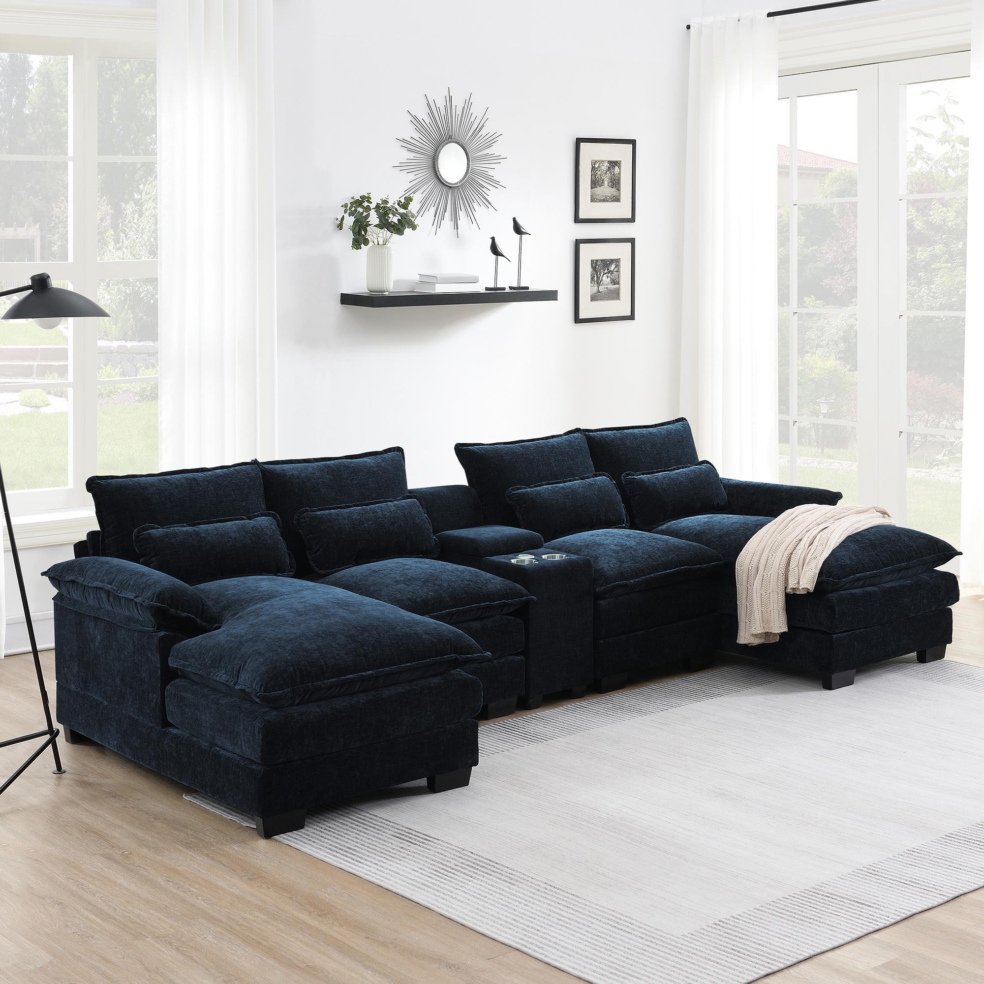Modern U-Shaped Sectional Sofa w/ Console & USB