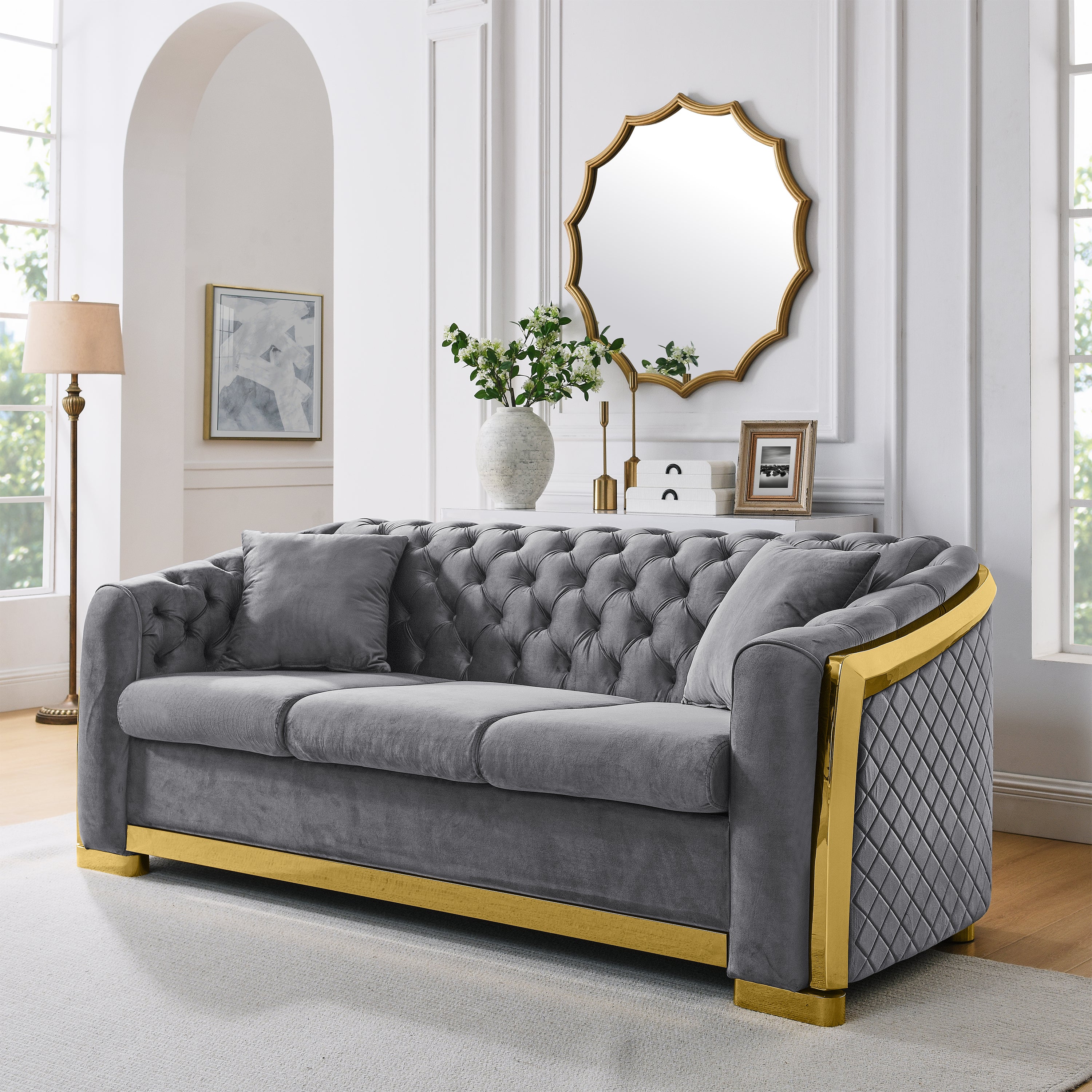 Luxury Chesterfield Sofa Set | Grey Velvet 84"