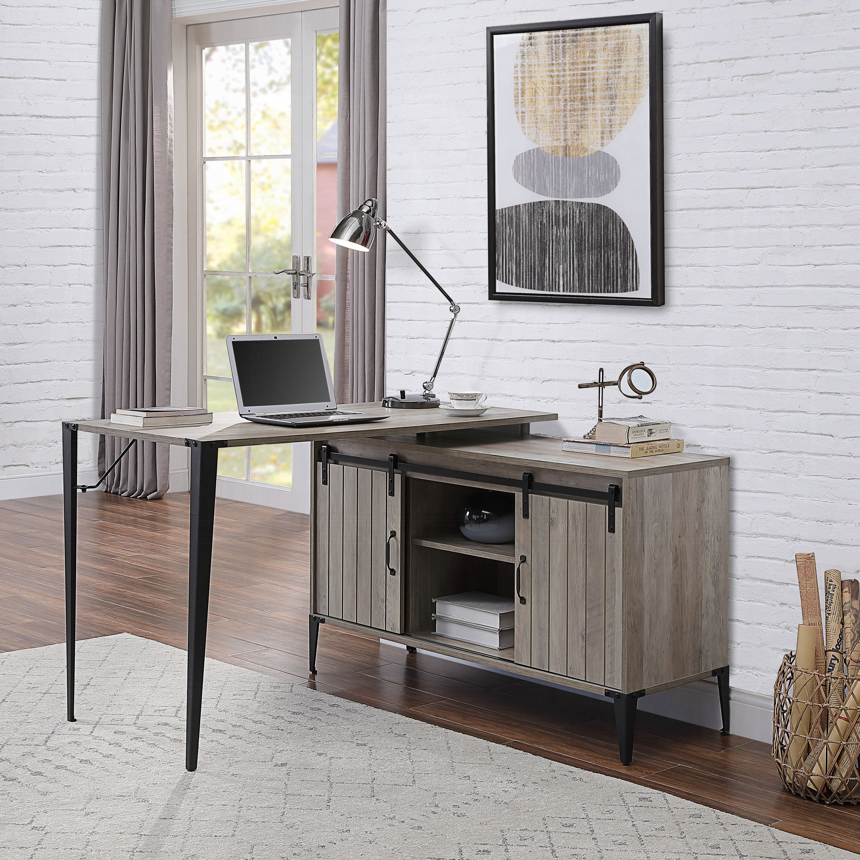 Grey Oak Writing Desk | Sliding Barn Door | Modern Home Office