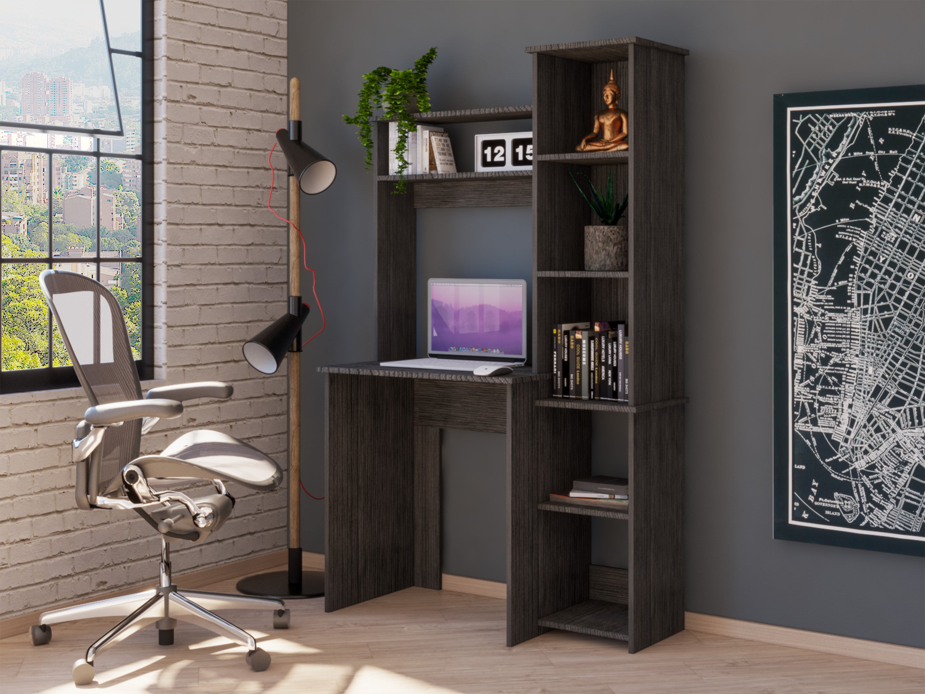 Aramis Smokey Oak Desk | 5+2 Shelves | Home Office Desk