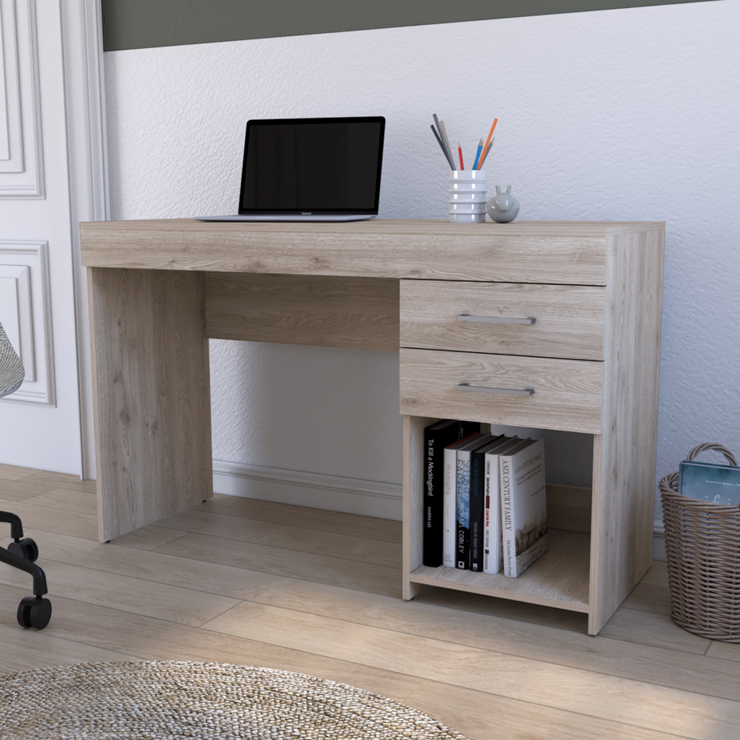 Limestone Computer Desk, 2 Drawers, Light Gray