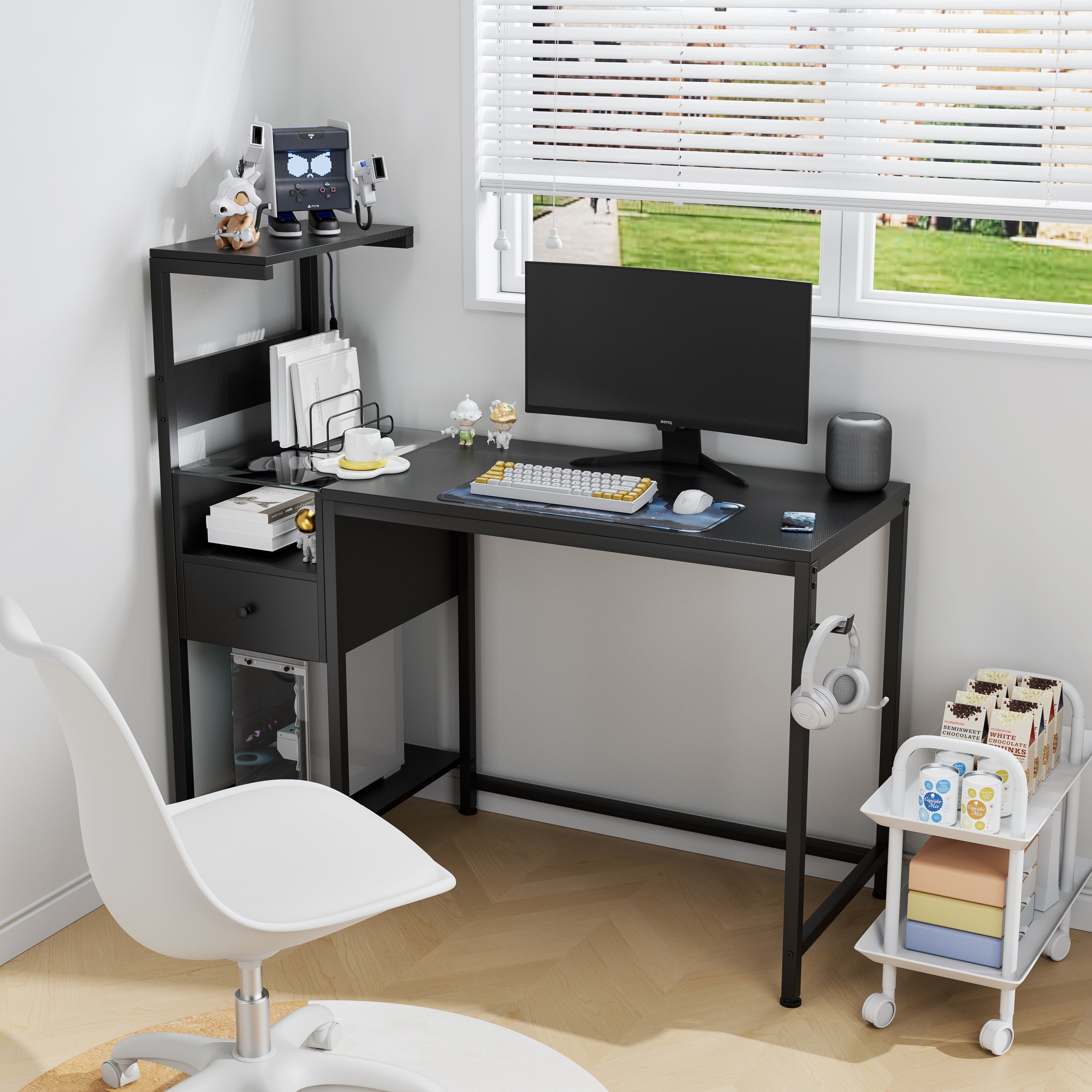 Computer Desk w/ Power Outlet & Storage - Black