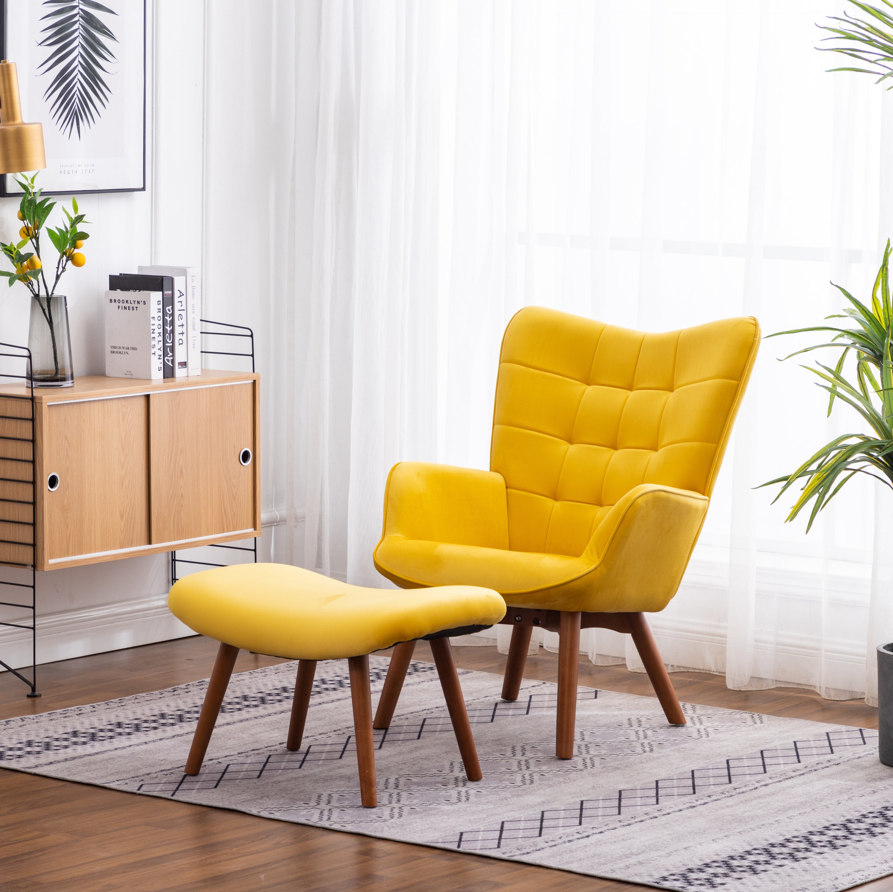 Leiria Yellow Velvet Accent Chair & Ottoman