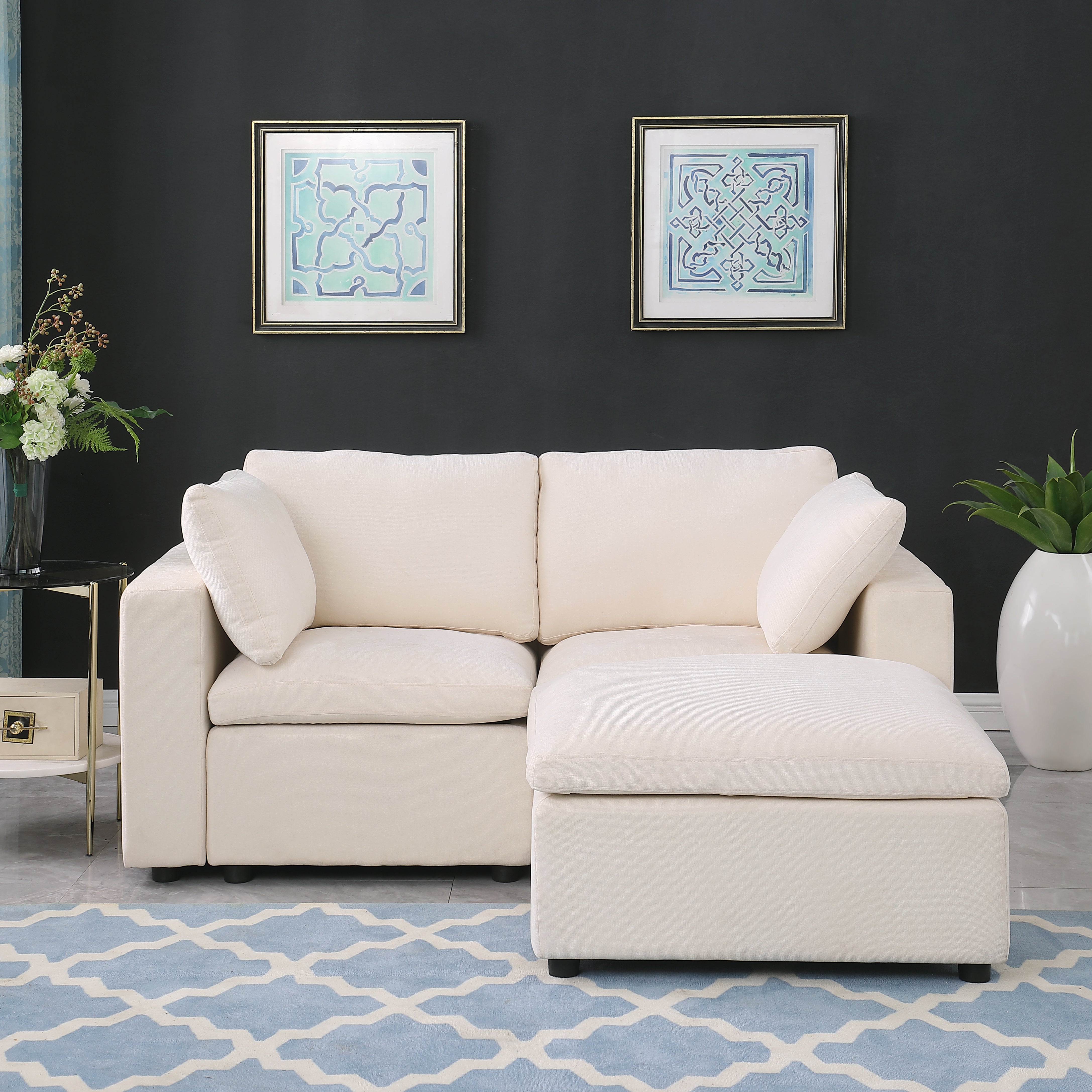 Beige Chenille Loveseat with Ottoman: Small Space Sofa