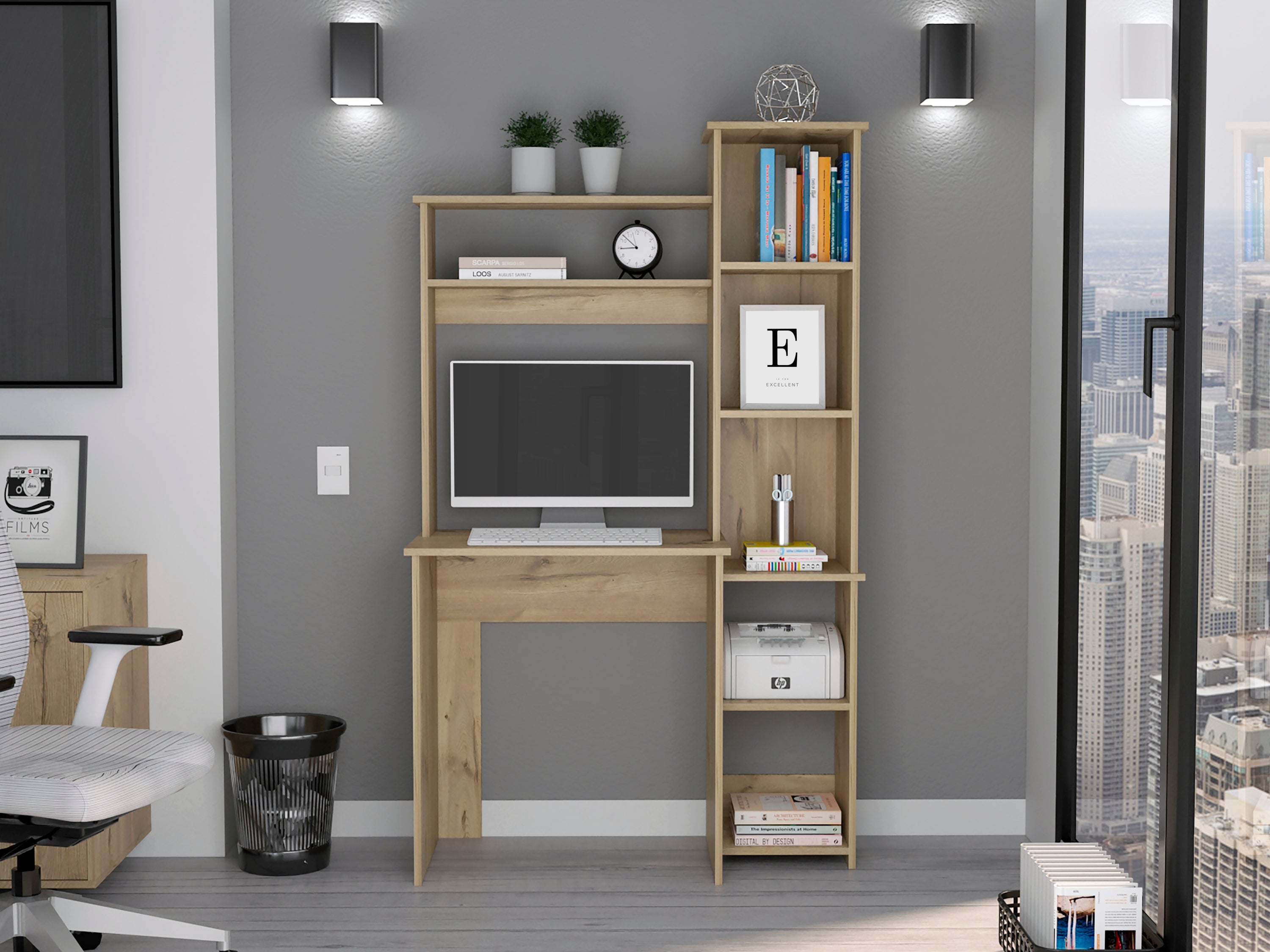 Logan Desk, 5 Cubbies, Light Oak Finish