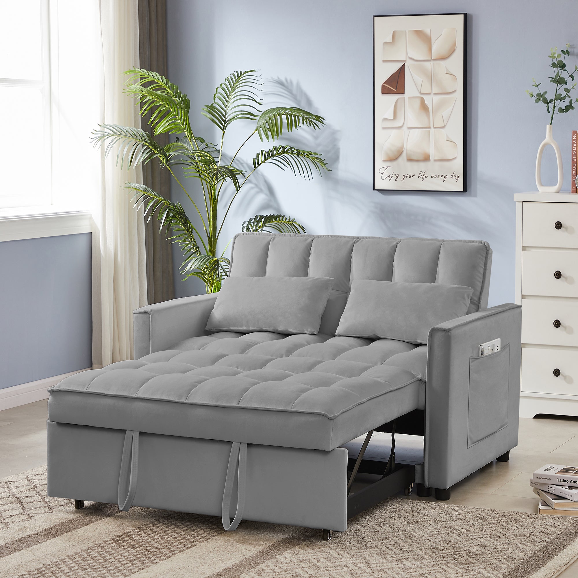 Grey Velvet Loveseat Sofa Bed (7cm Legs)
