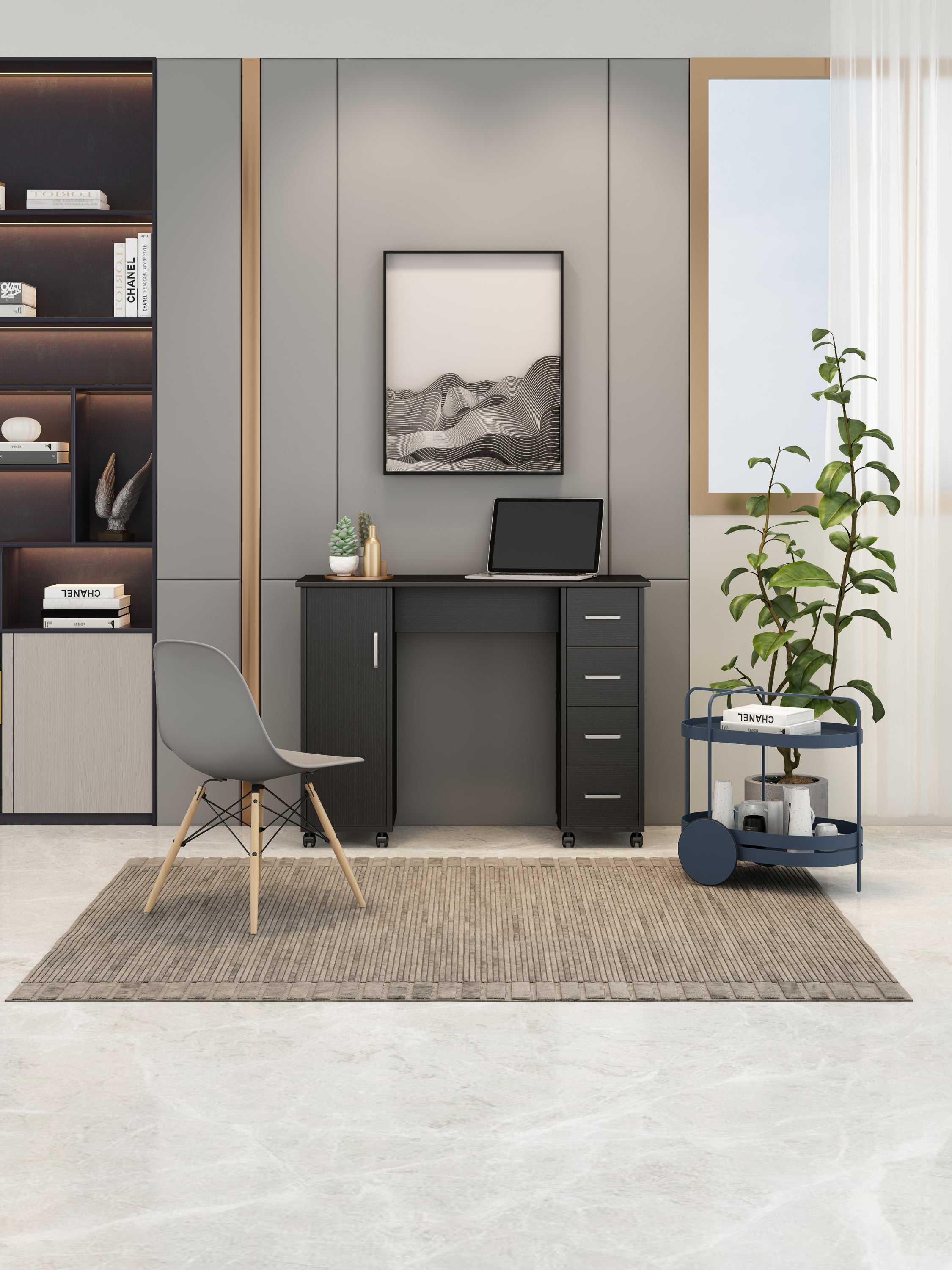 Black Home Office Desk with Storage & Wheels