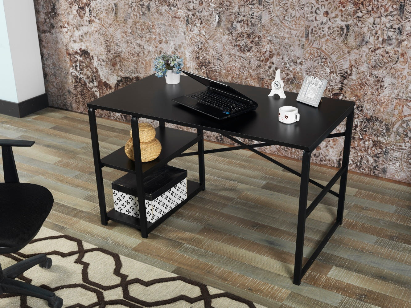 Sage Black Metal Desk, 47" Wood Top, 2 Shelves