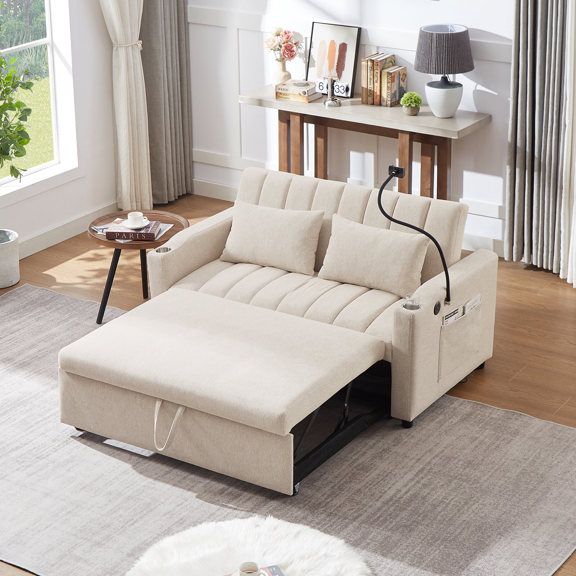 Beige Convertible Sofa Bed with USB & Cup Holders