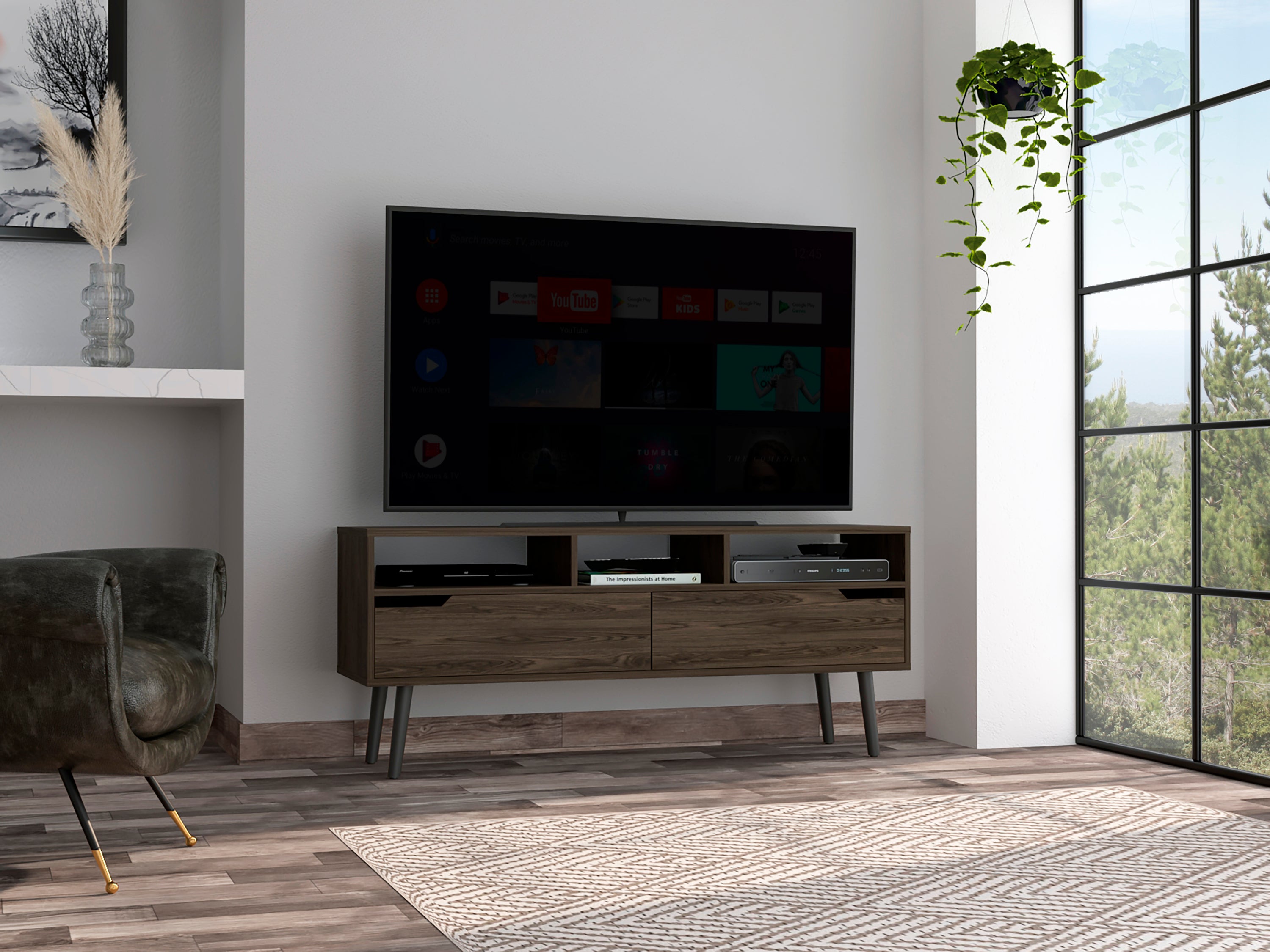 New Haven TV Stand, 2 Drawers, 3 Shelves, Dark Walnut