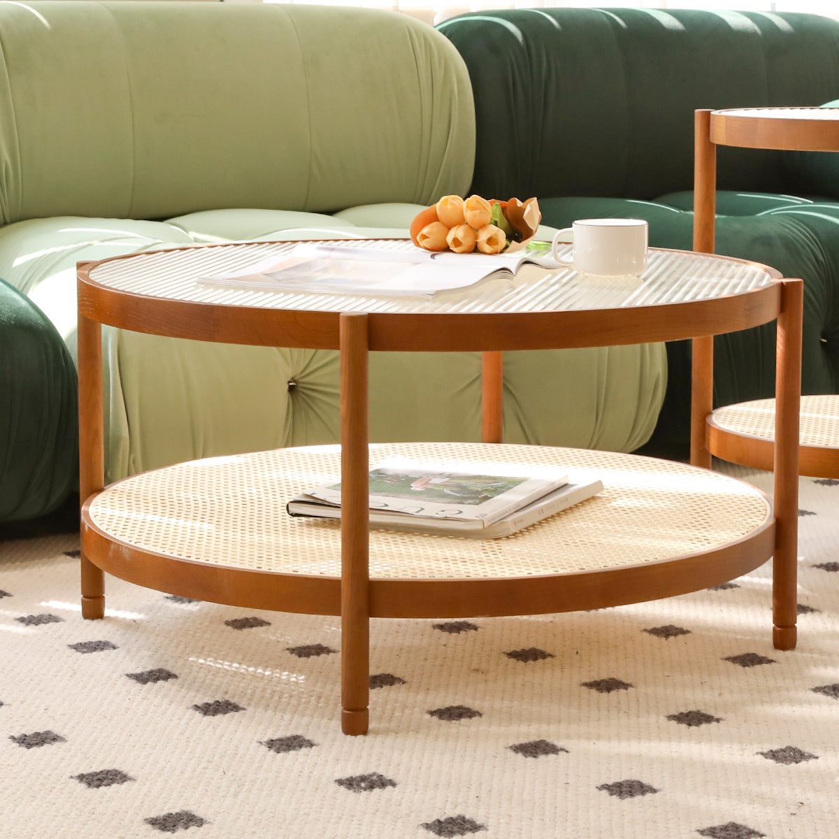 Modern Farmhouse Coffee Table Set: Round Wooden Nesting Tables