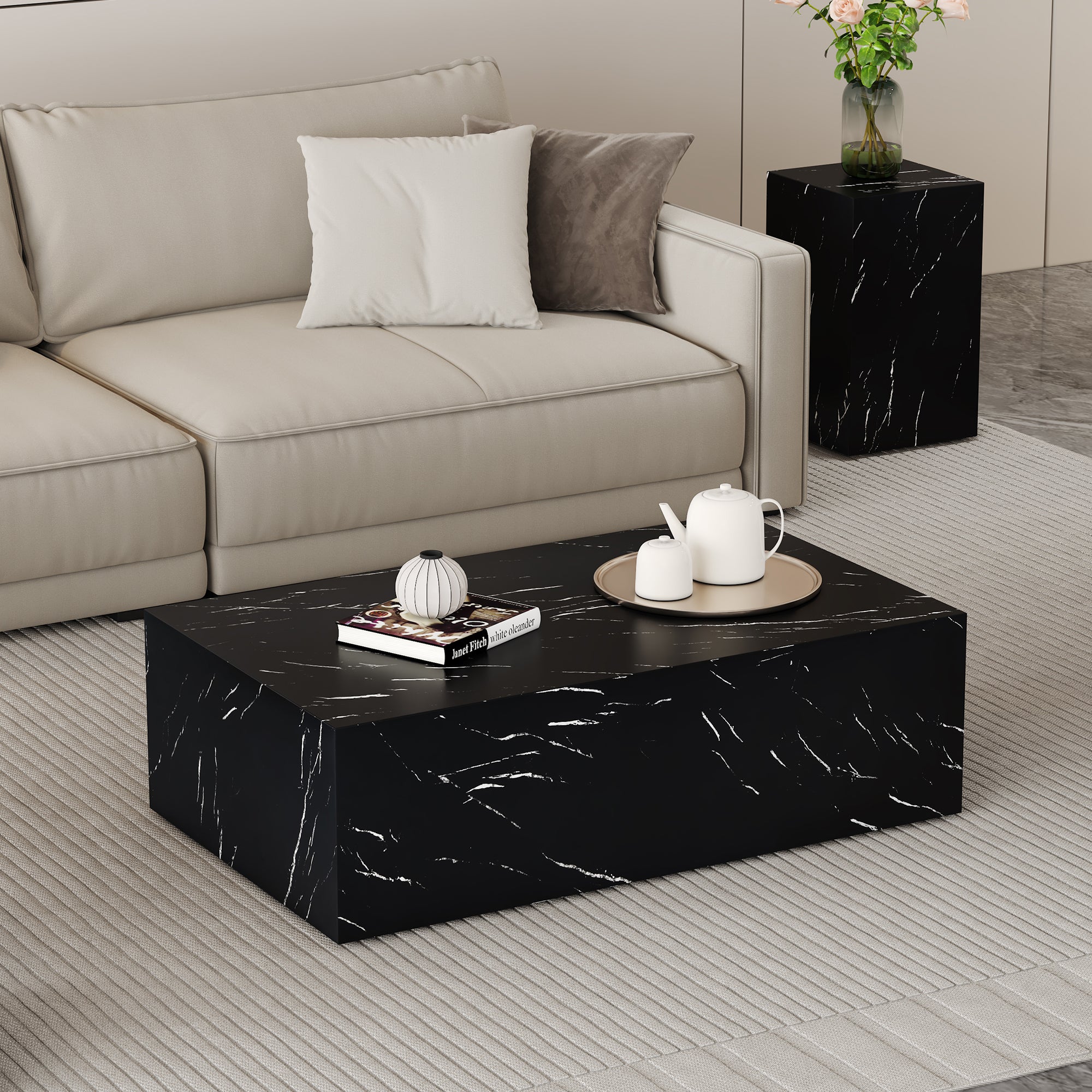 Black Marble Coffee Table - 39.3x23.6x11.8" MDF