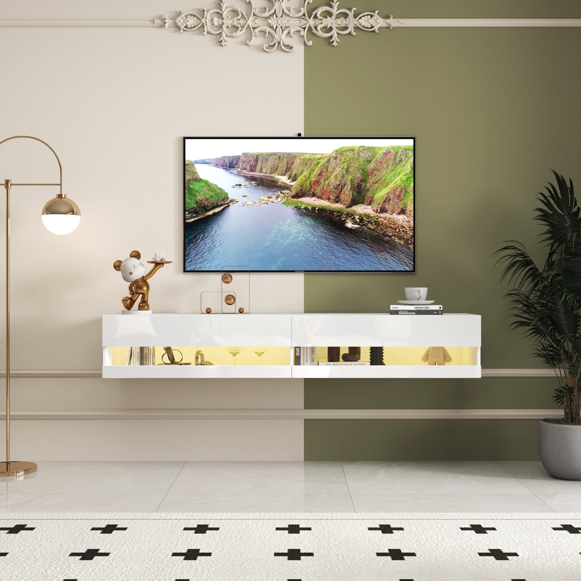 80" Floating TV Stand w/ LED Lights & Charging Station