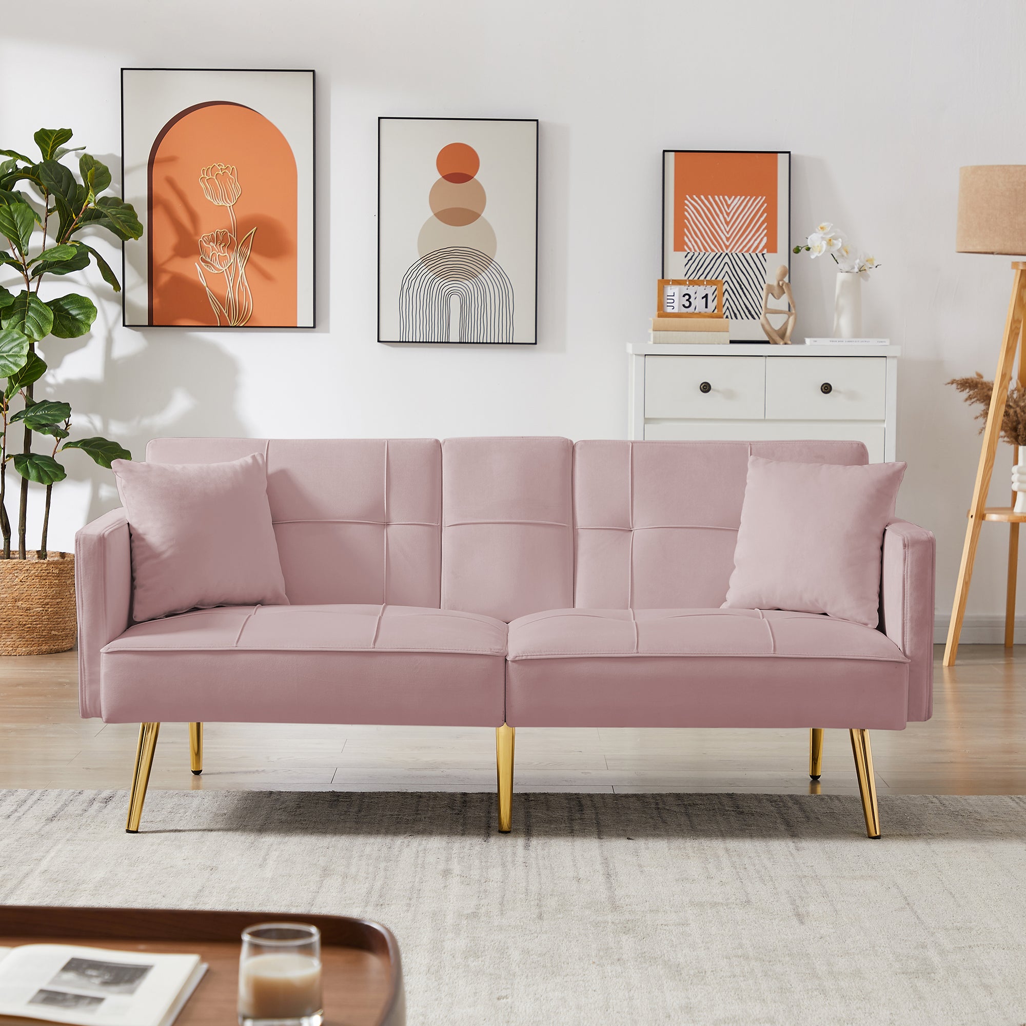 Pink Velvet Futon Sofa Bed | Gold Legs