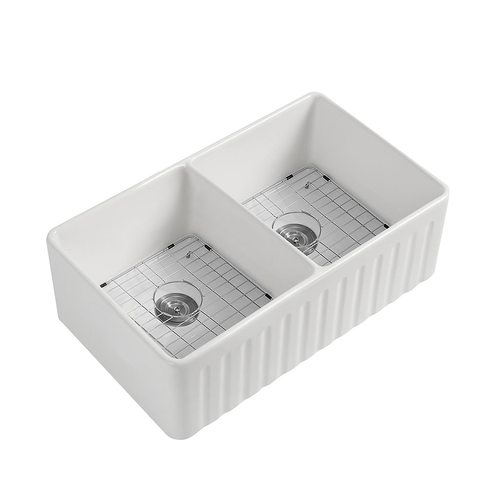 Fireclay Farmhouse Sink: 33x20" Double Basin w/Grid
