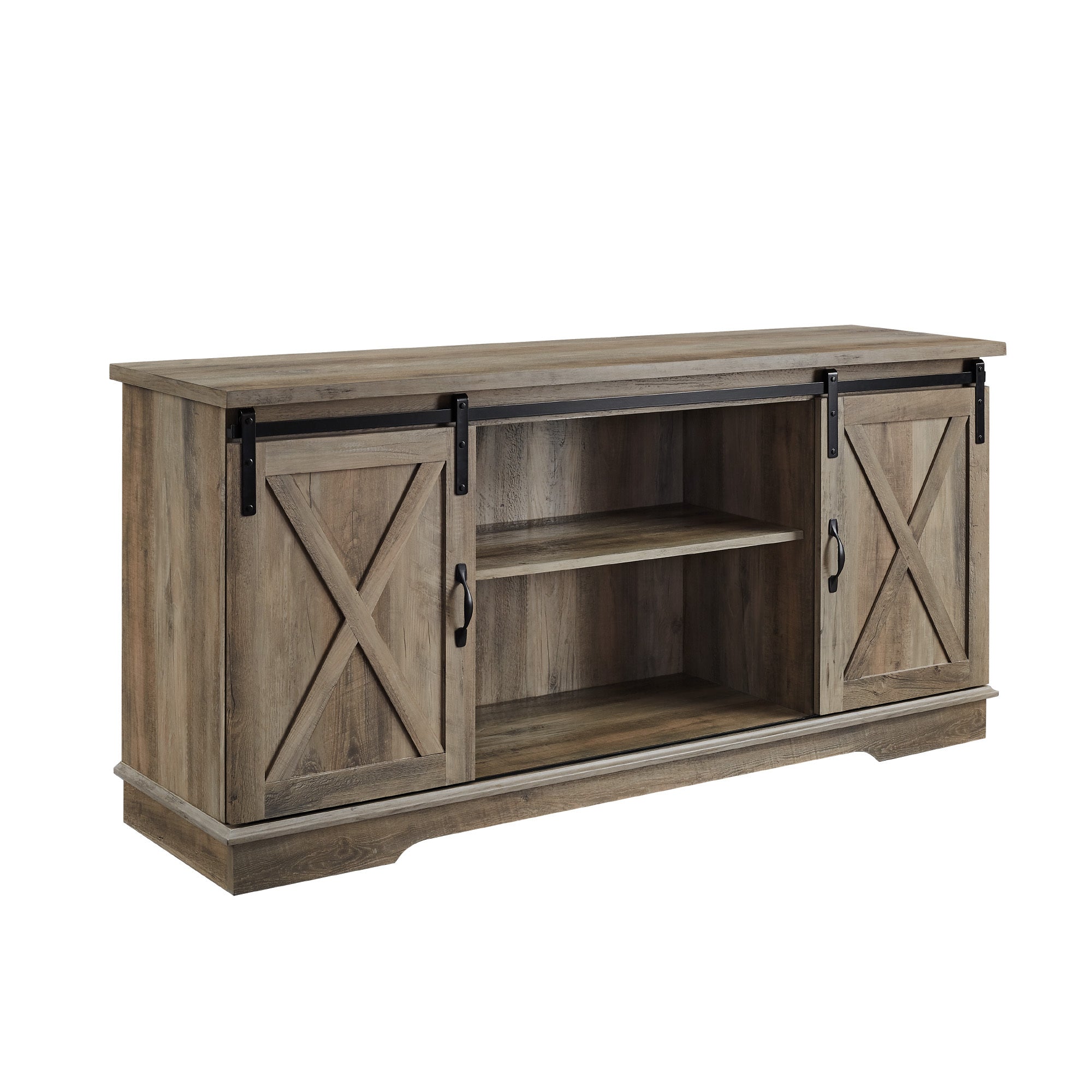 Farmhouse Sliding Barn Door TV Stand, Grey Wash, 58"