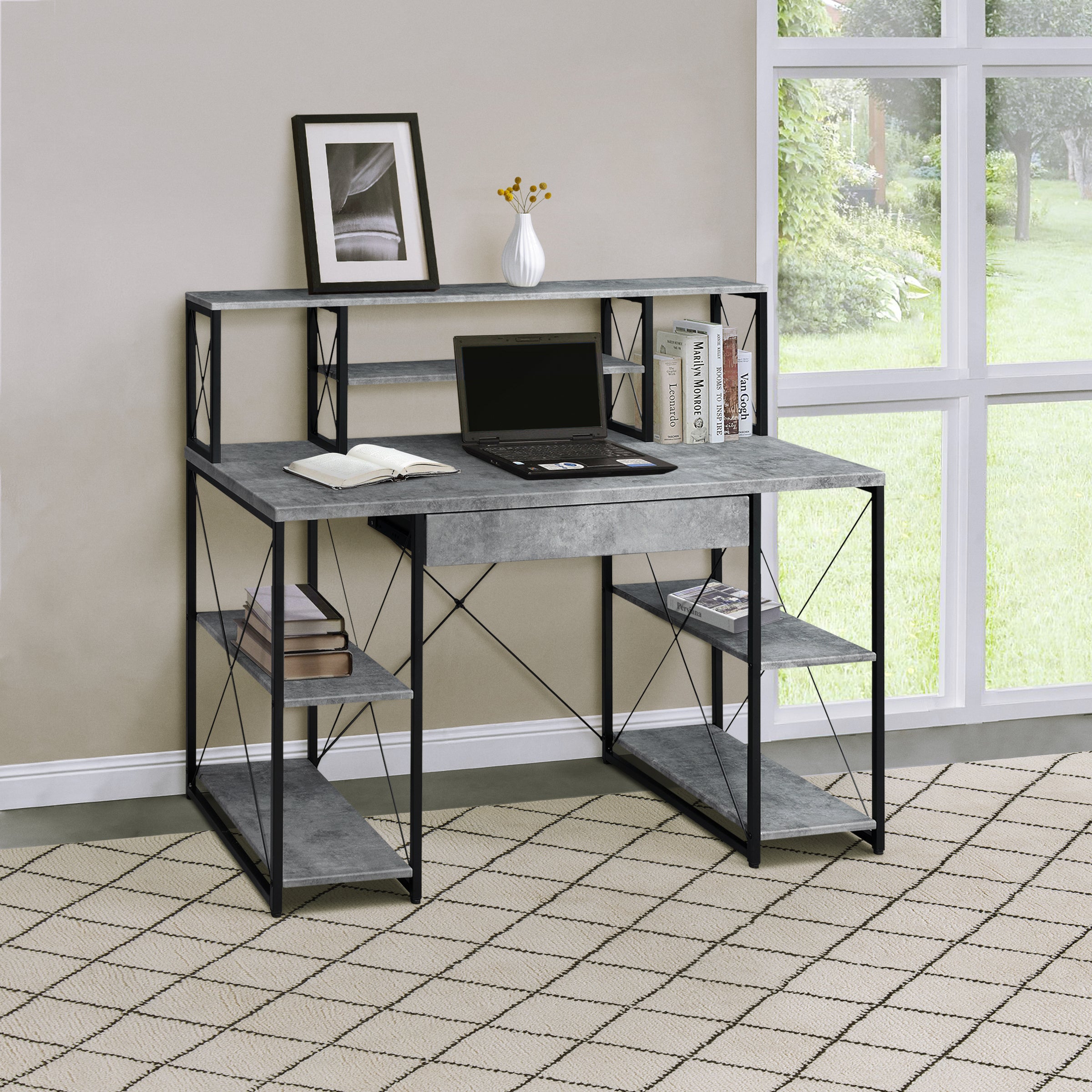 Grey & Black Office Desk with Hutch & Shelves