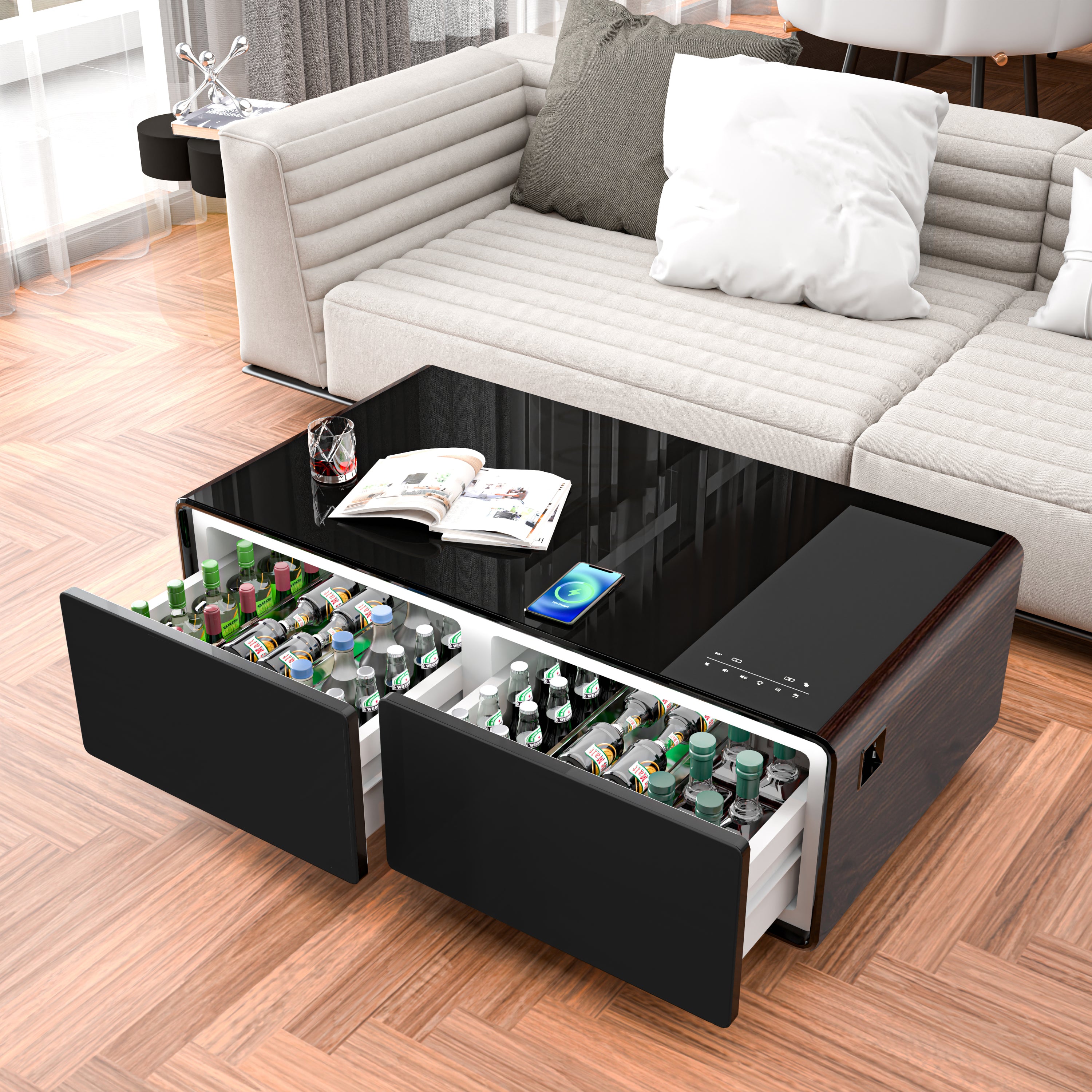 Smart Coffee Table: Fridge, Bluetooth, Wireless Charging