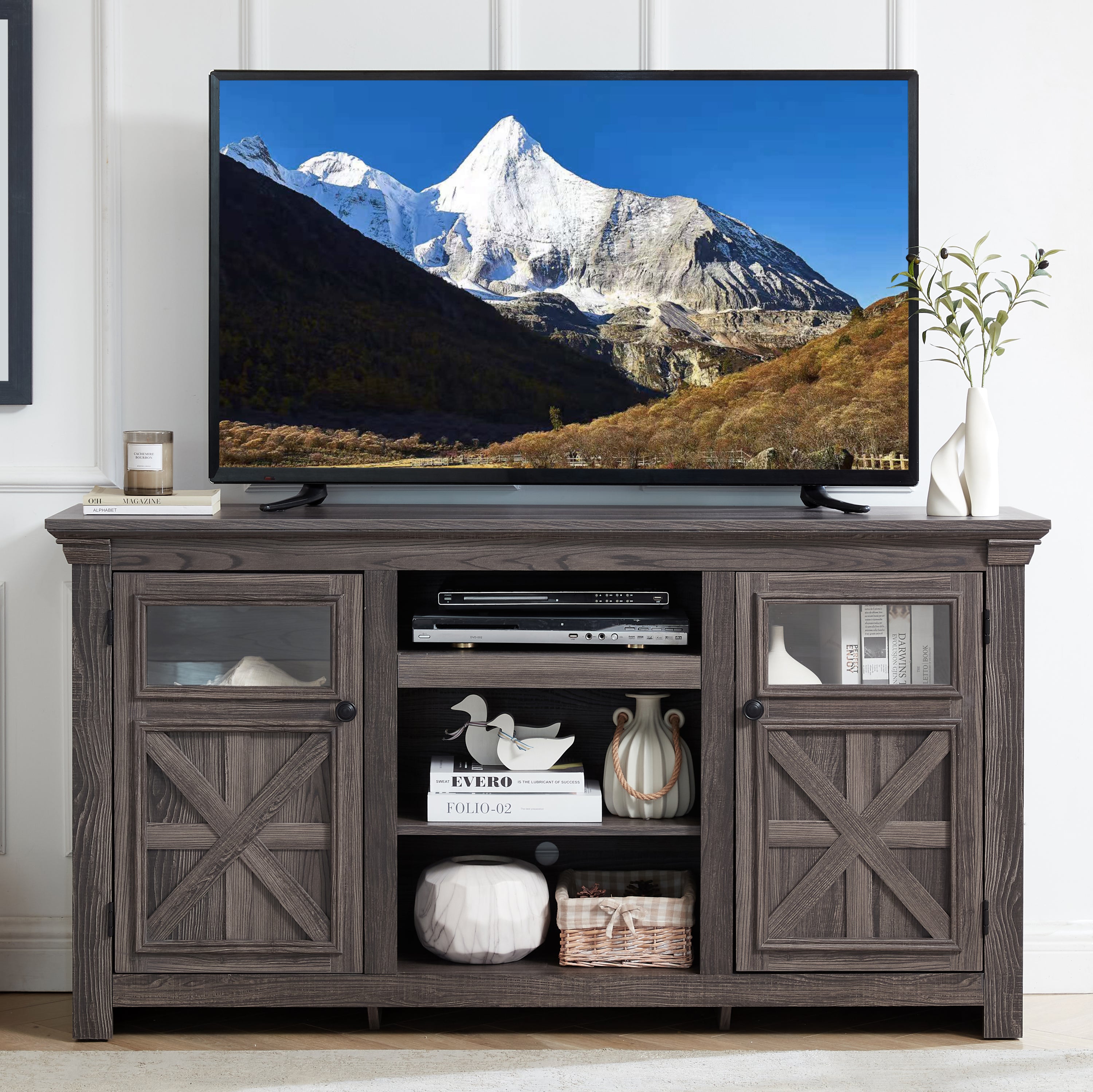 Farmhouse TV Stand & Entertainment Center, Grey 60"