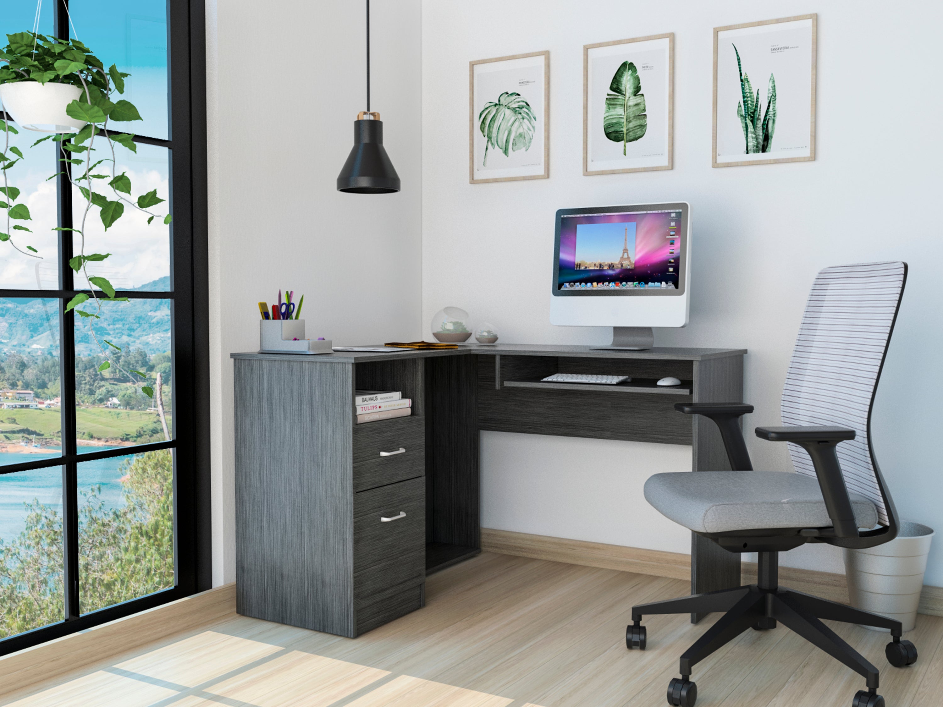 Smokey Oak L-Shaped Computer Desk w/ Drawers & Shelf