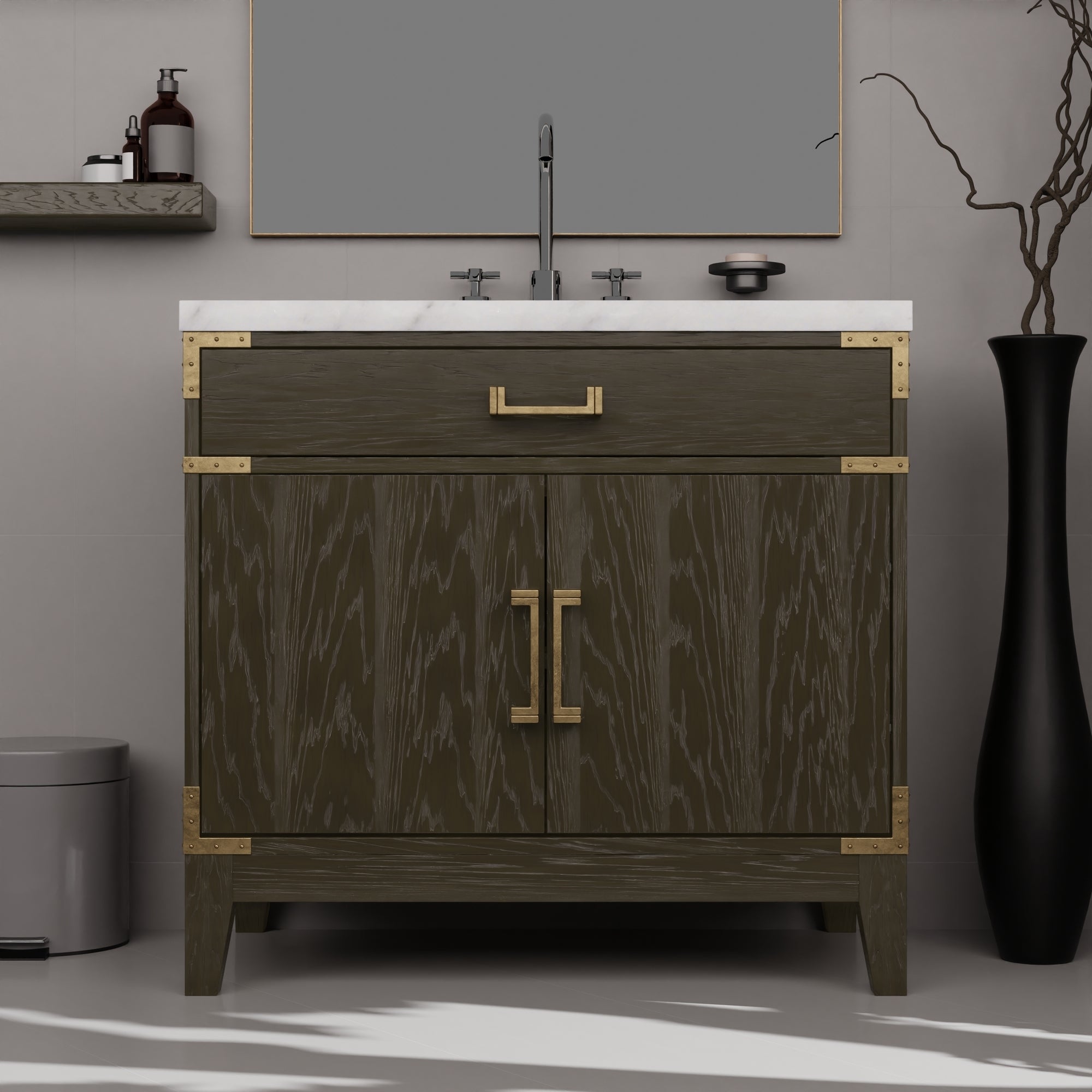 Brown Oak 36" Bath Vanity w/ Carrara Marble Top