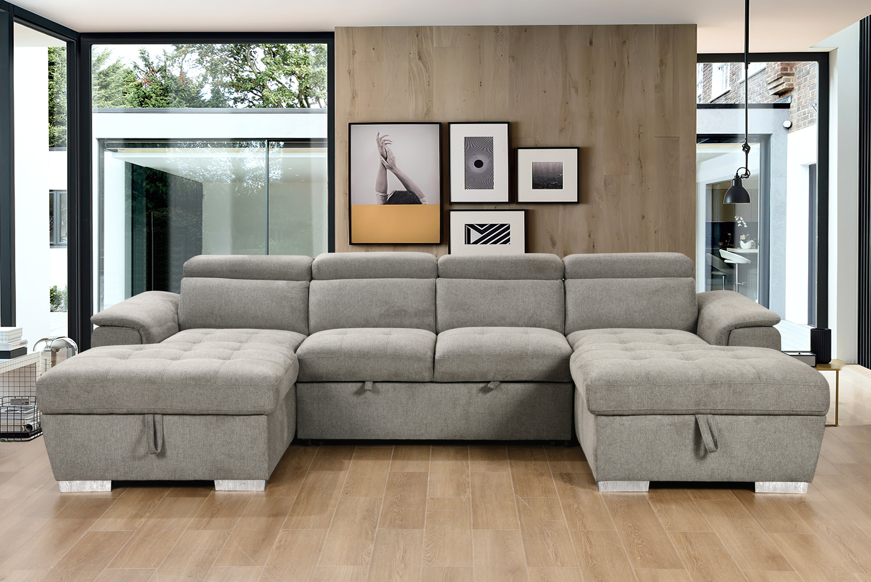 U-Shaped Sleeper Sofa, 121" Oversized Sectional w/ Storage & Pull-Out Bed - Light Gray