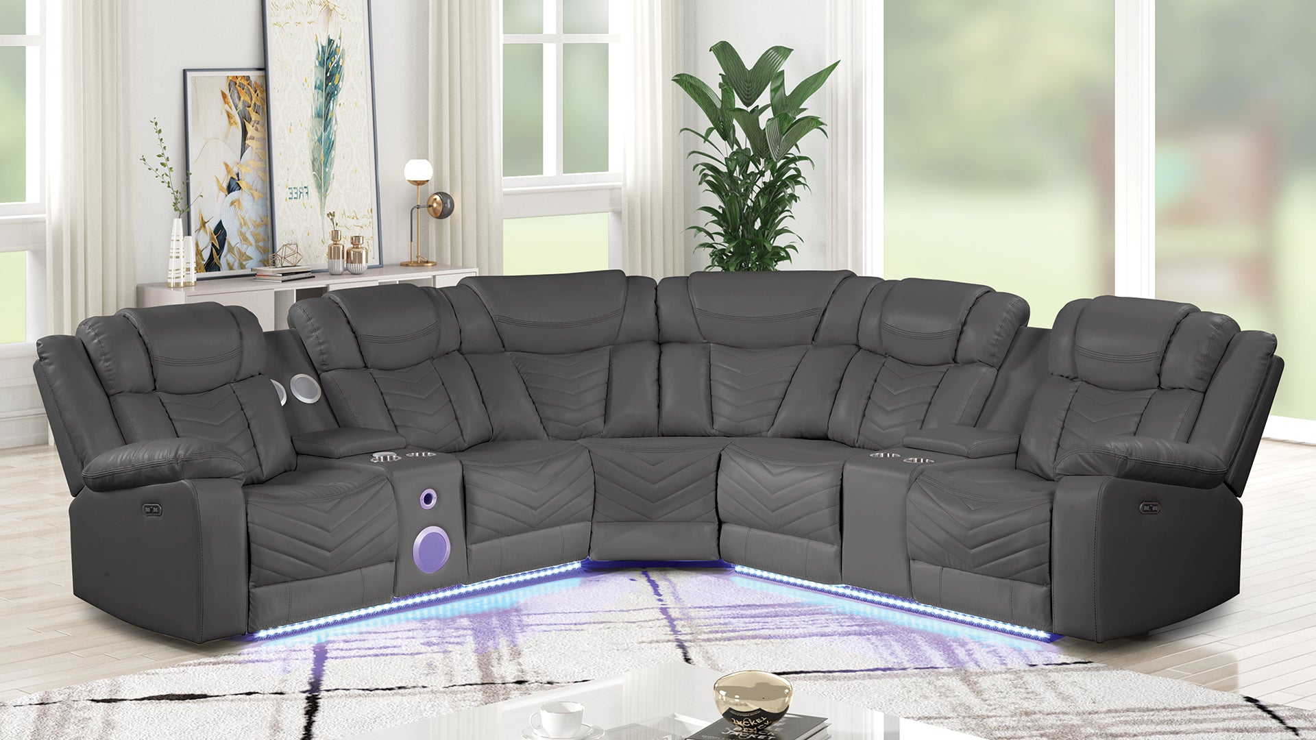 Gray Faux Leather Sectional w/ USB-C & Bluetooth