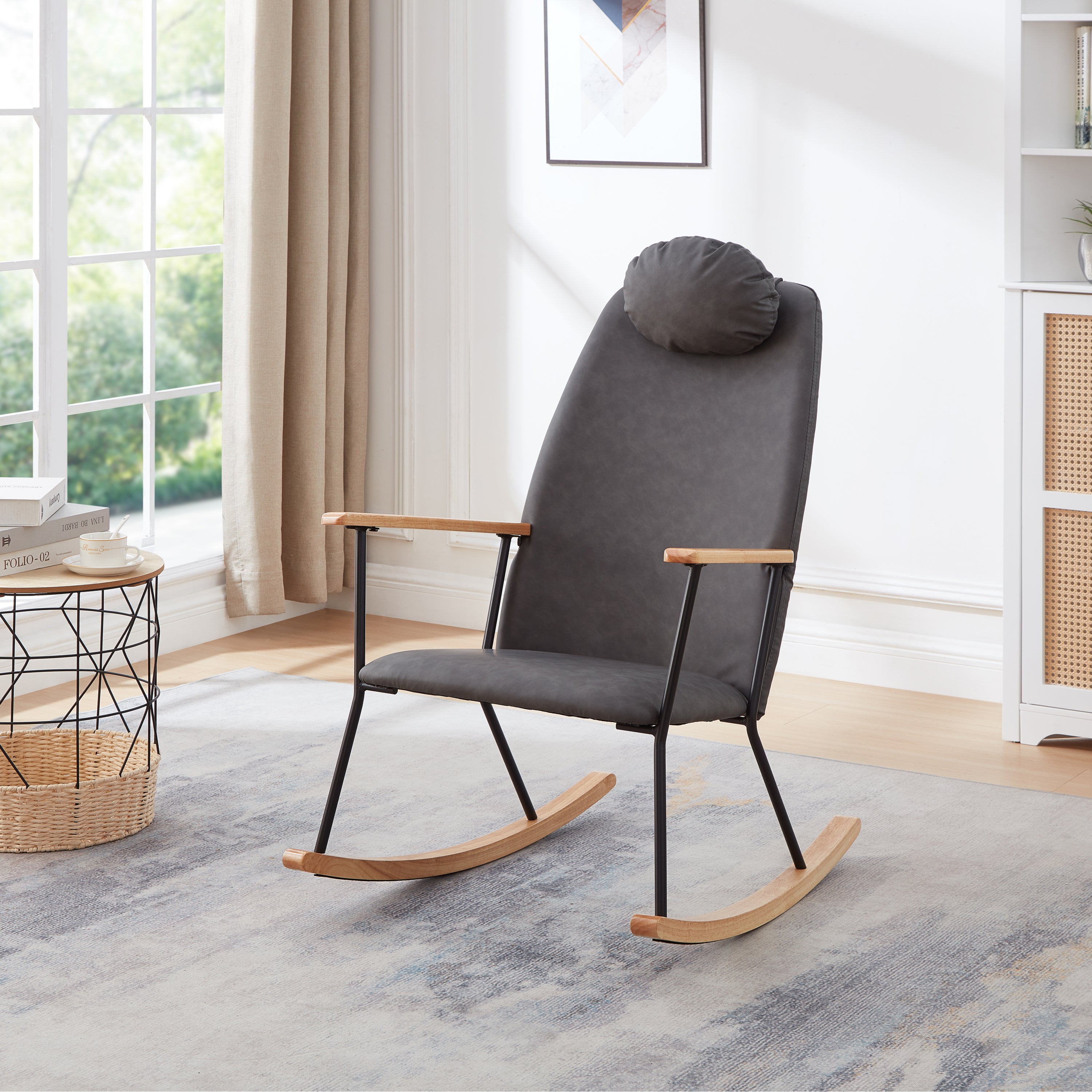 Modern Rocking Chair: Adjustable Headrest & Leather