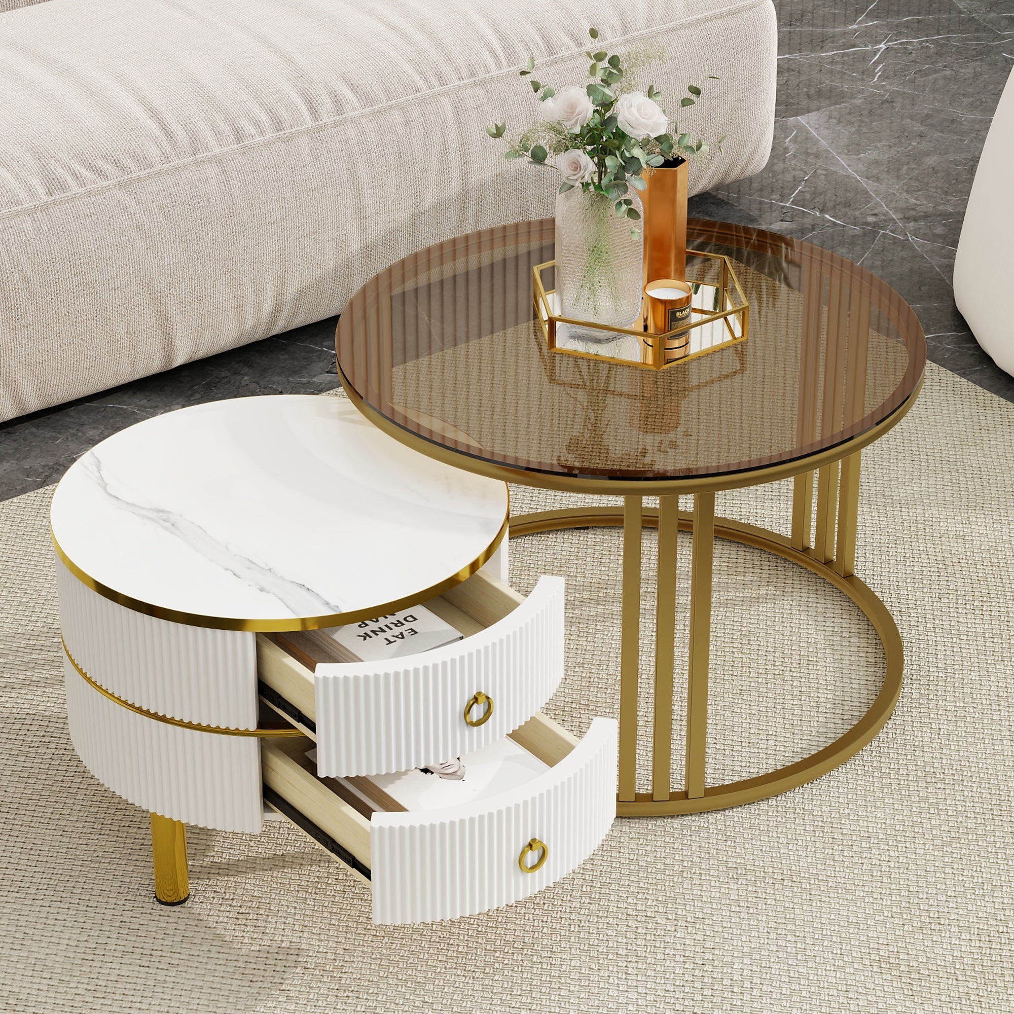 Stackable Coffee Table Set: White Marble & Glass