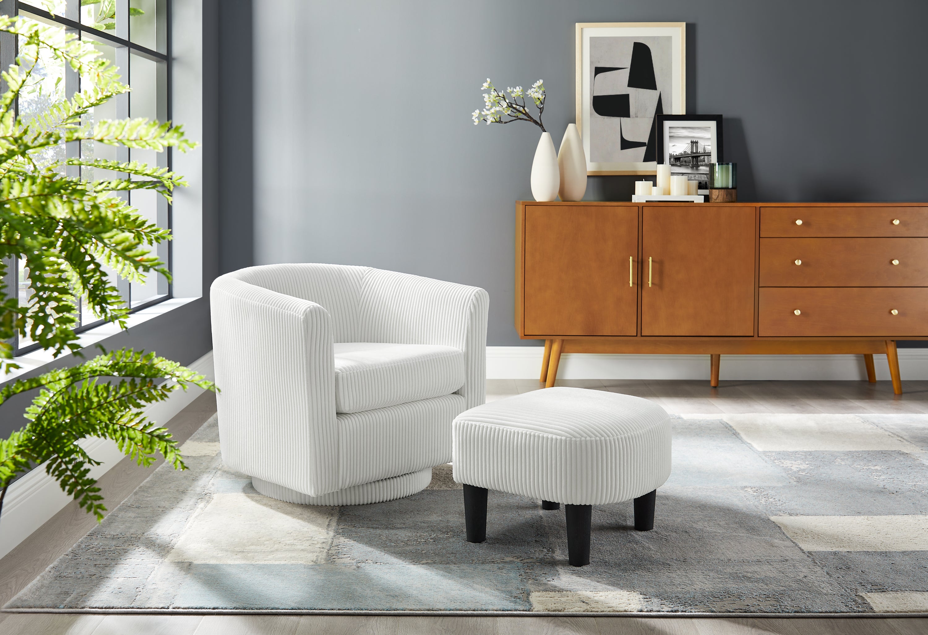 Swivel Accent Chair: 360° Corduroy Ottoman