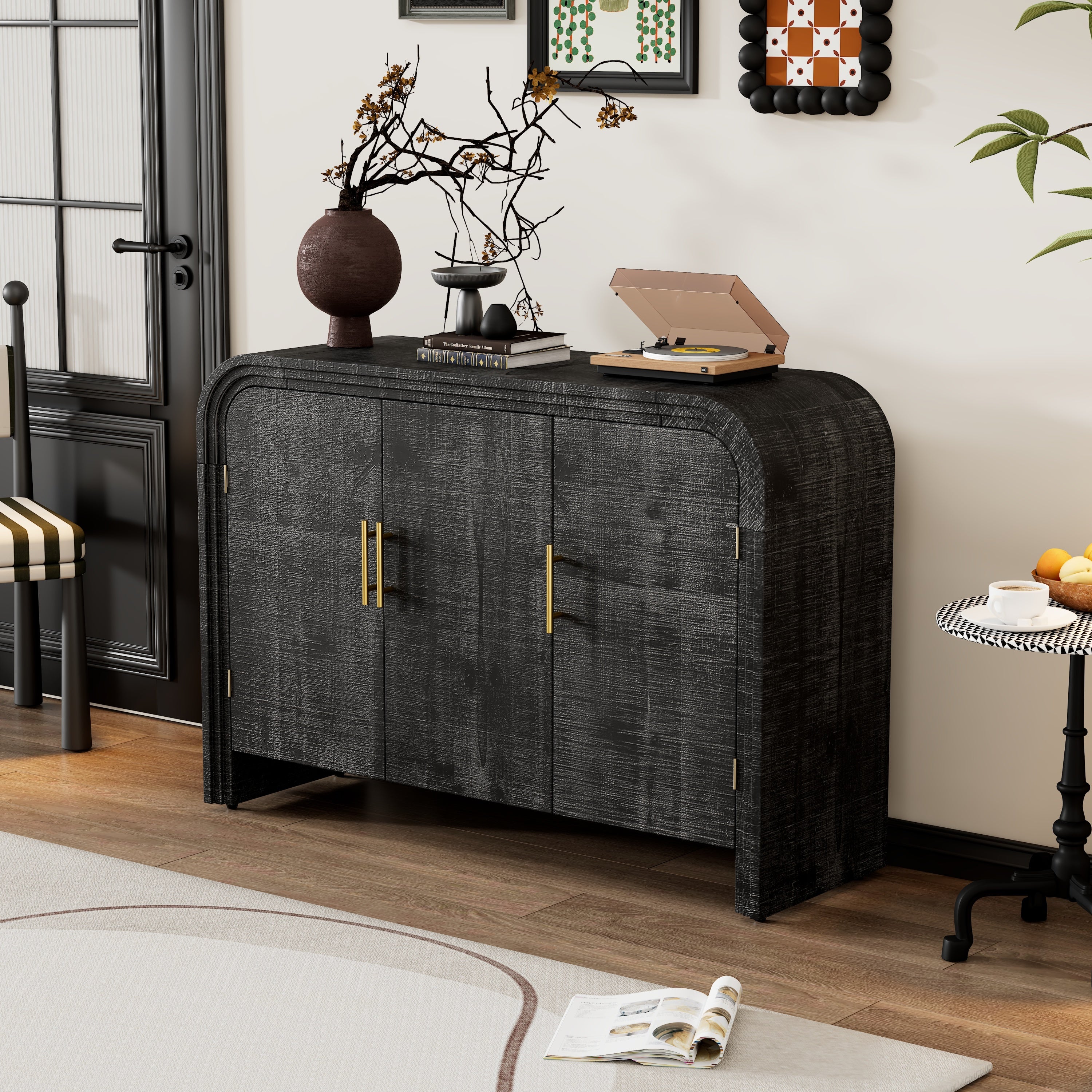 Retro Curved Sideboard: Gold Handles & Adjustable Shelves