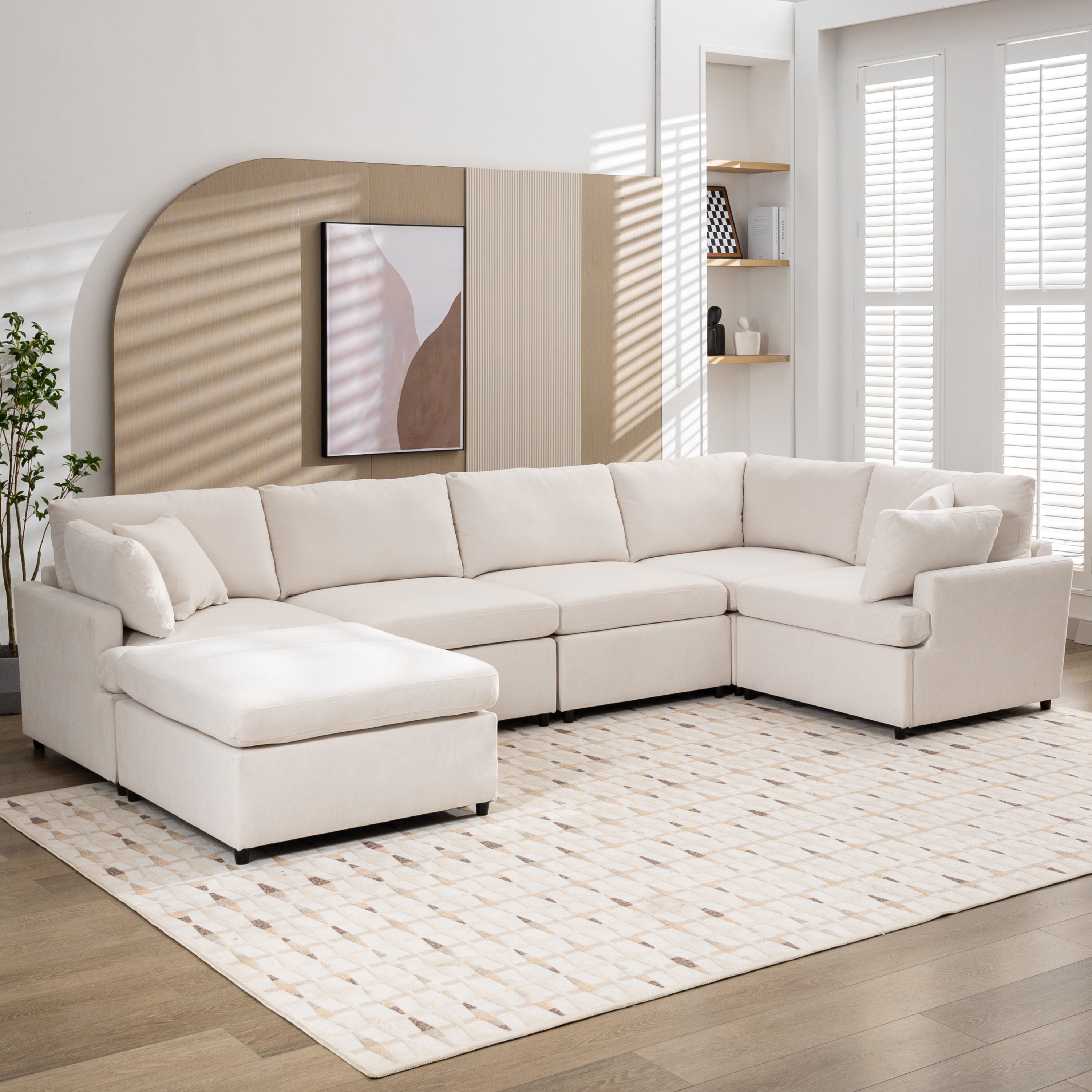 U-Style Upholstered Sectional Sofa w/ Ottoman (6-Seat, U-Shape)