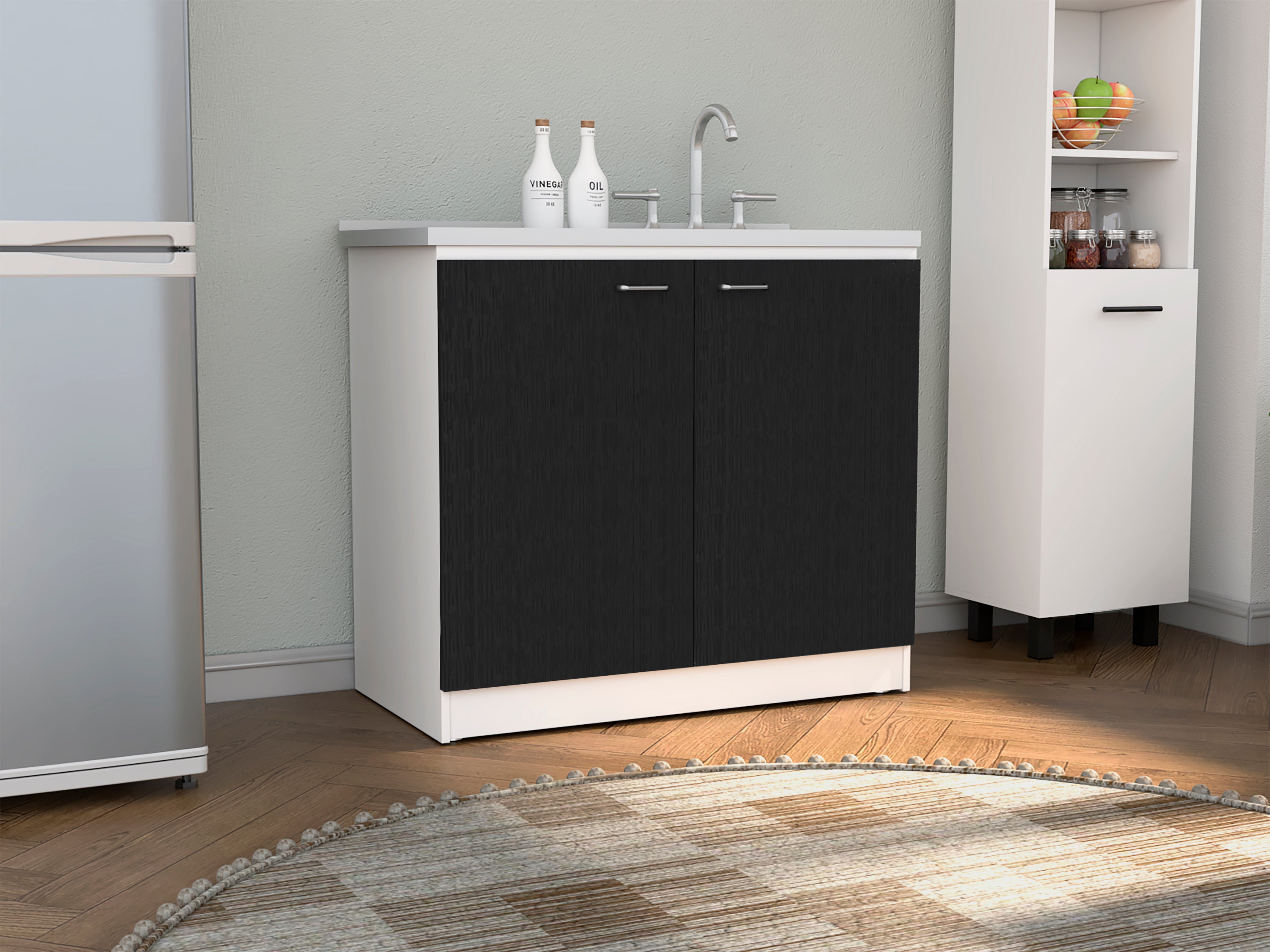 Napoles Utility Sink: Double Door Cabinet, White/Black