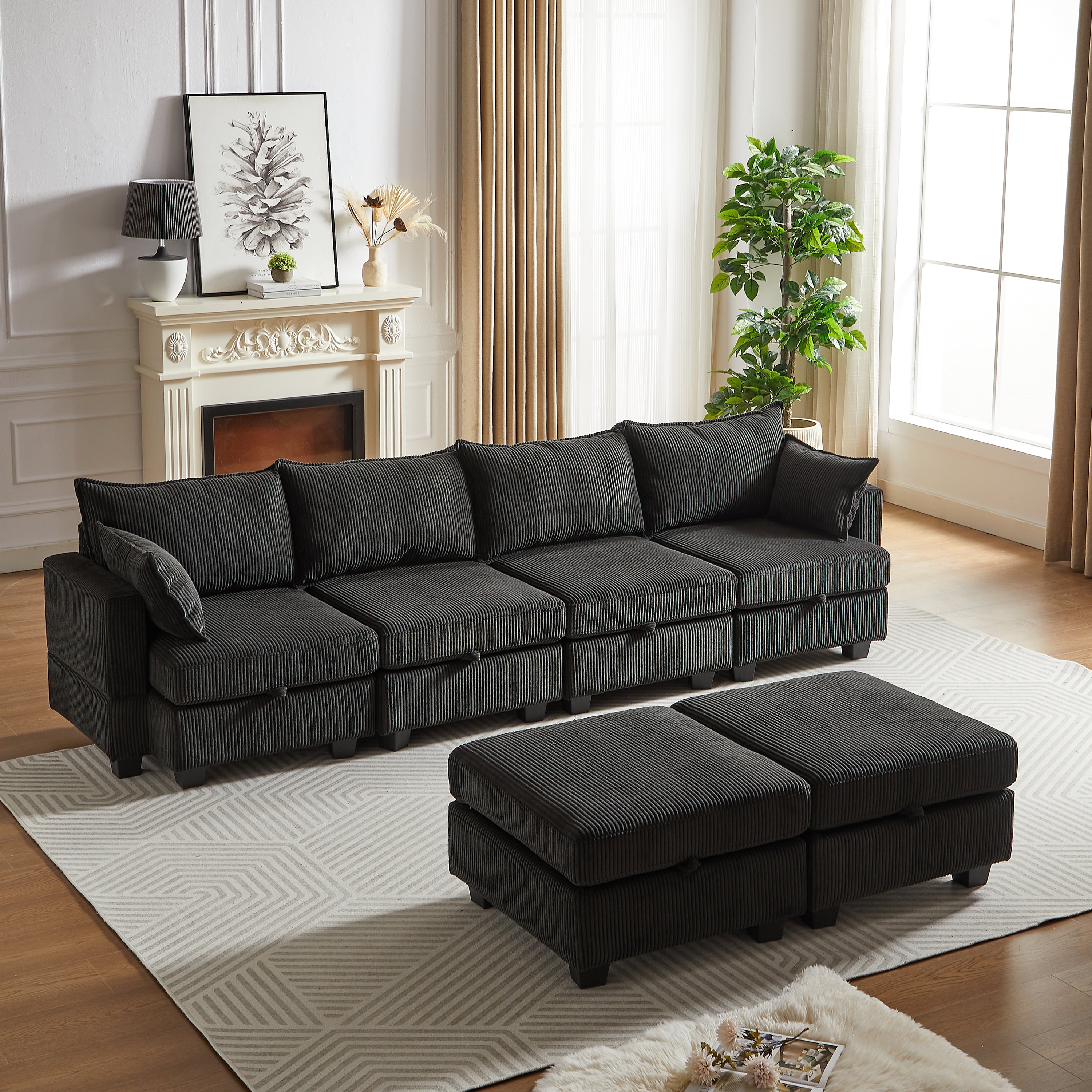 113.5" Modular Corduroy Sectional Sofa w/Ottoman