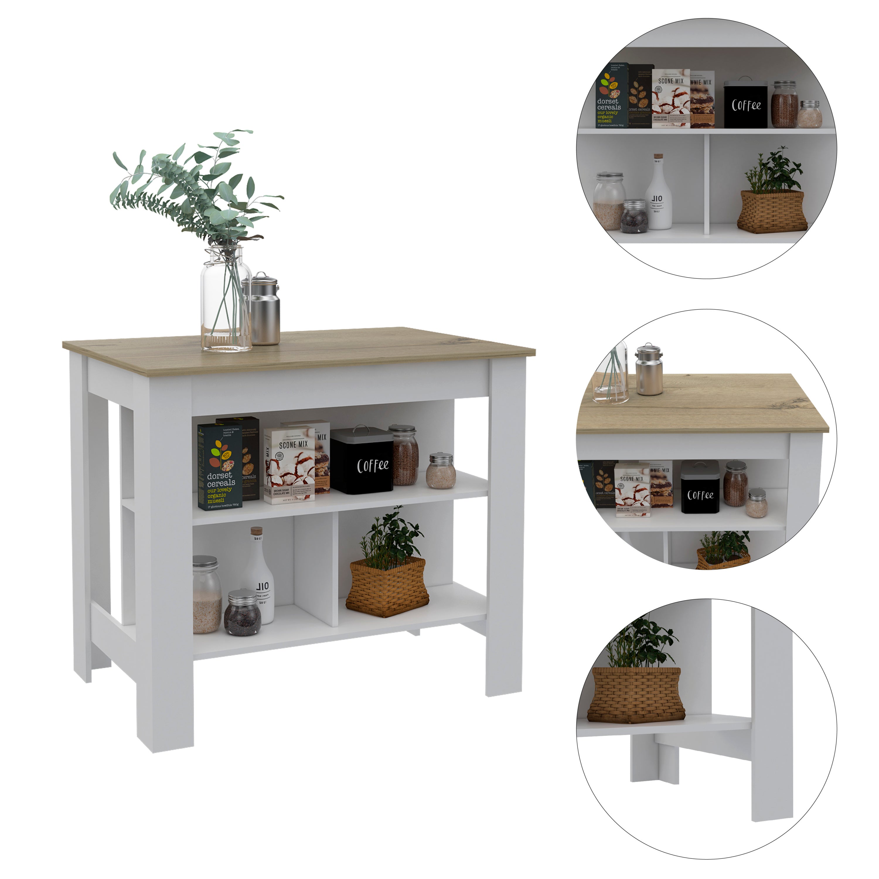 Dozza Kitchen Island, Antibacterial, 3 Shelves, Light Oak/White