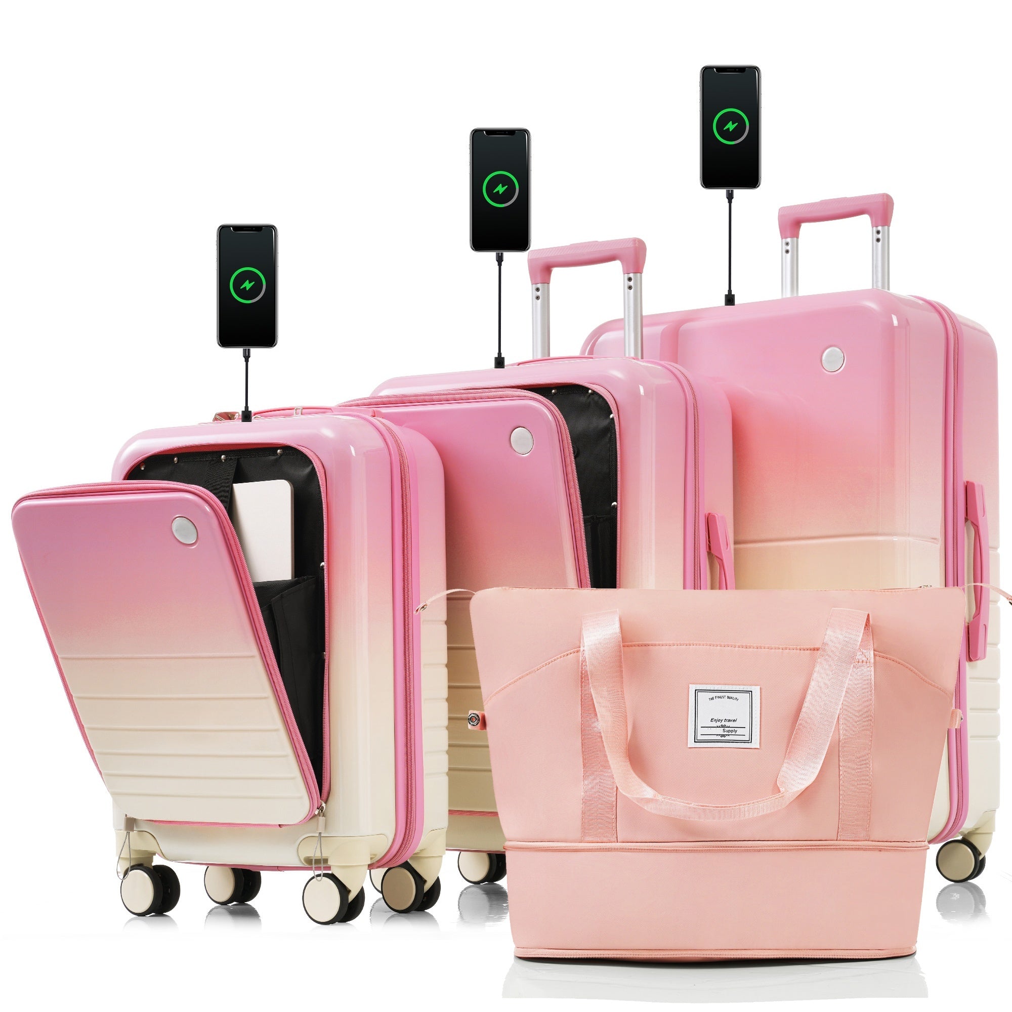 Pink Carry-On Luggage Set w/ USB & Cup Holder