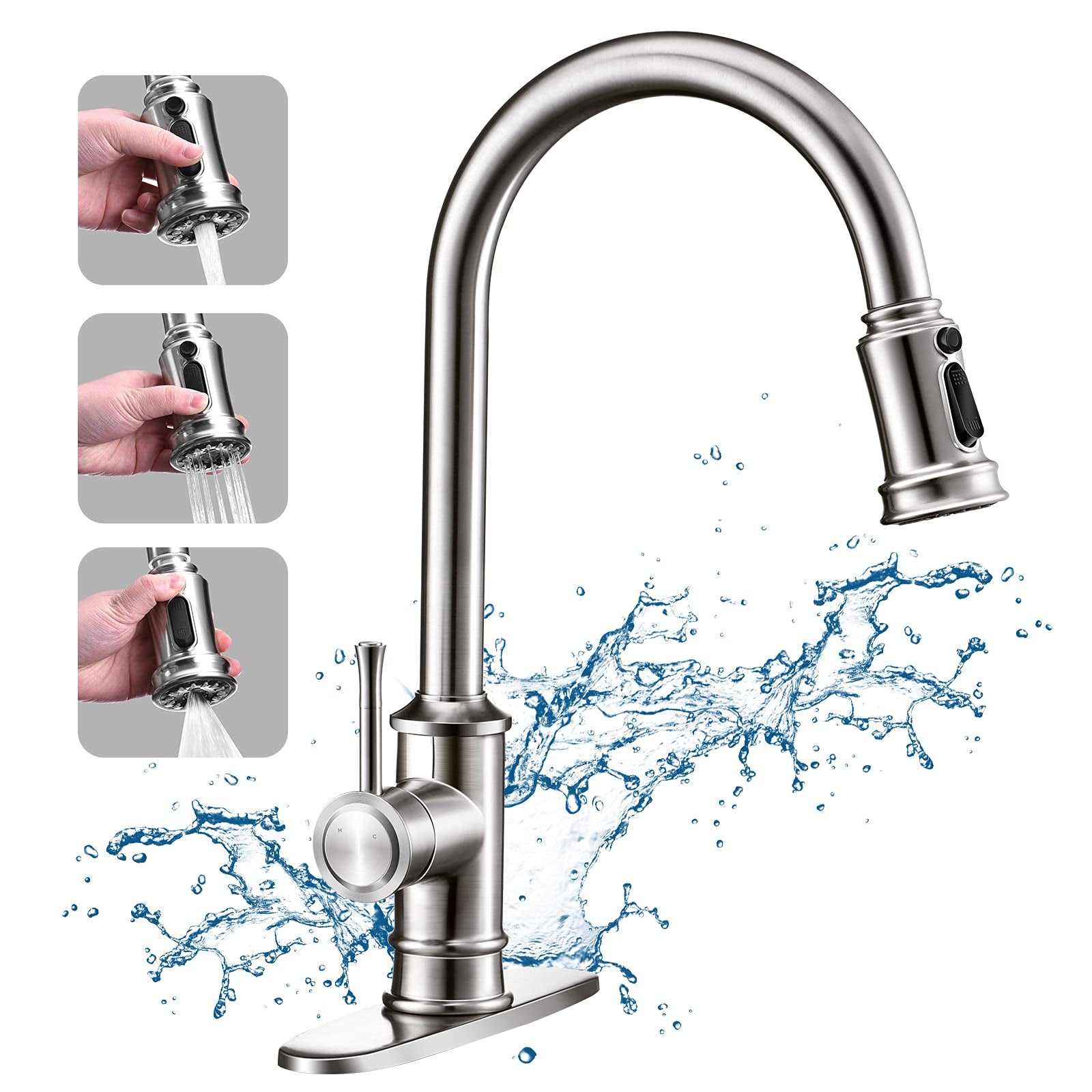 Pull-Down Kitchen Faucet: Brushed Nickel, 3 Modes