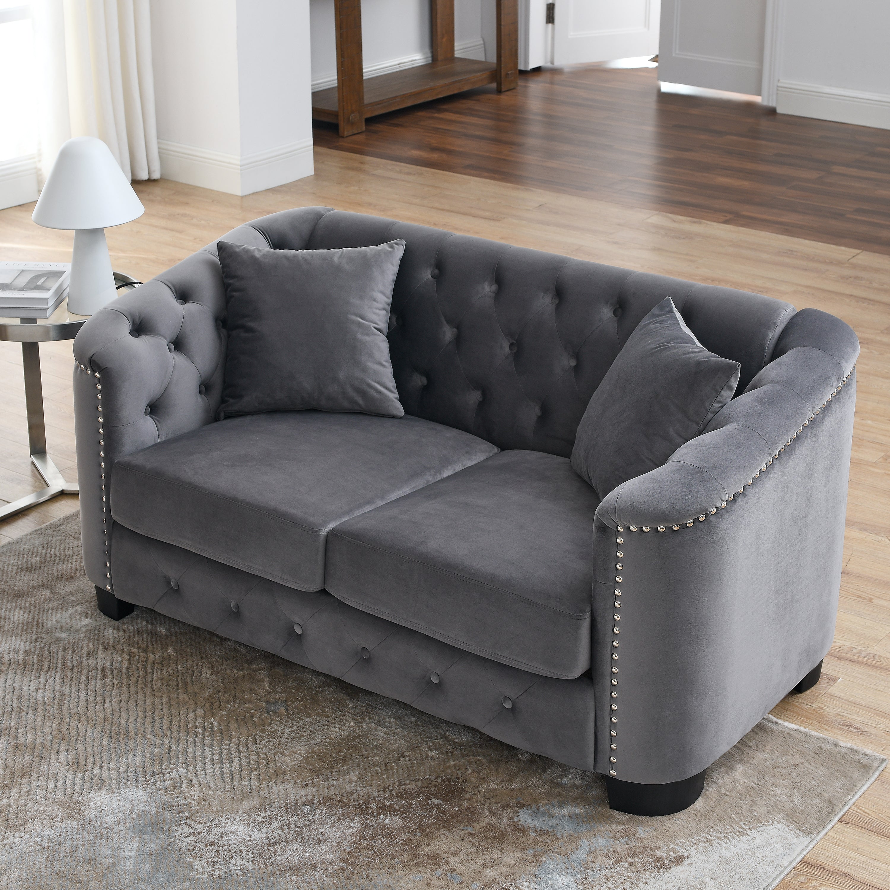 Grey Velvet Chesterfield Sofa: 59" 2-Seater