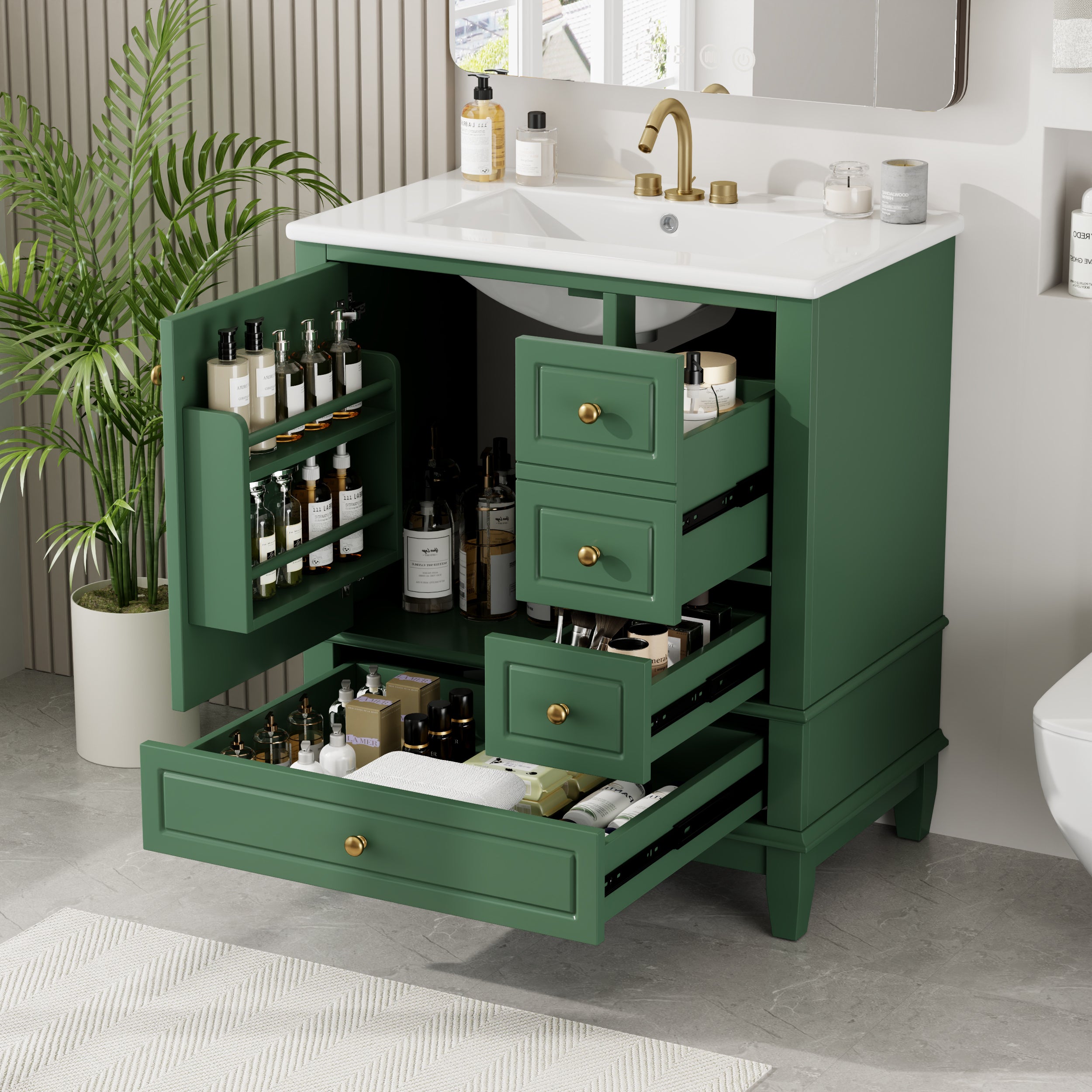 Green 30" Vanity: Sink, Shelf, 3 Drawers