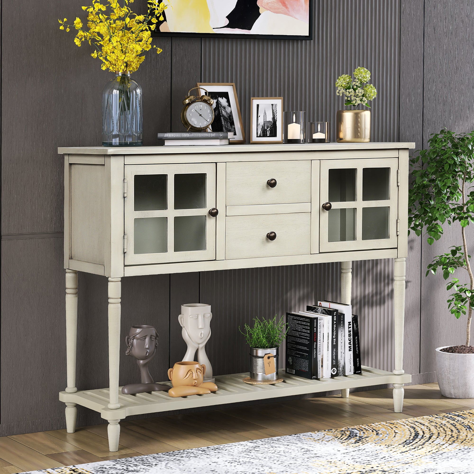 Farmhouse Wood Console Table with Shelf (Antique Grey)