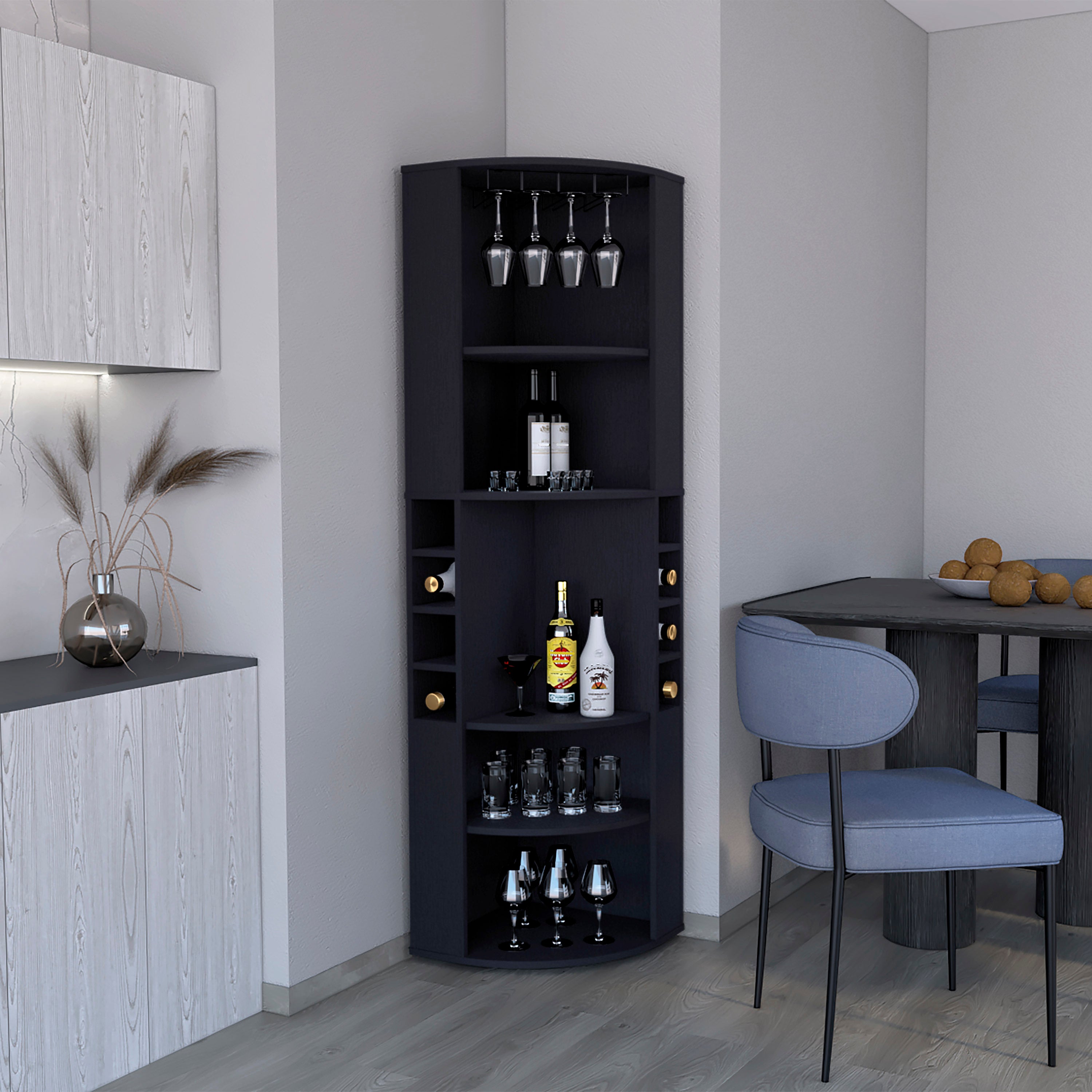 71" Black Corner Bar Cabinet: 5 Shelves, 8 Cubbies