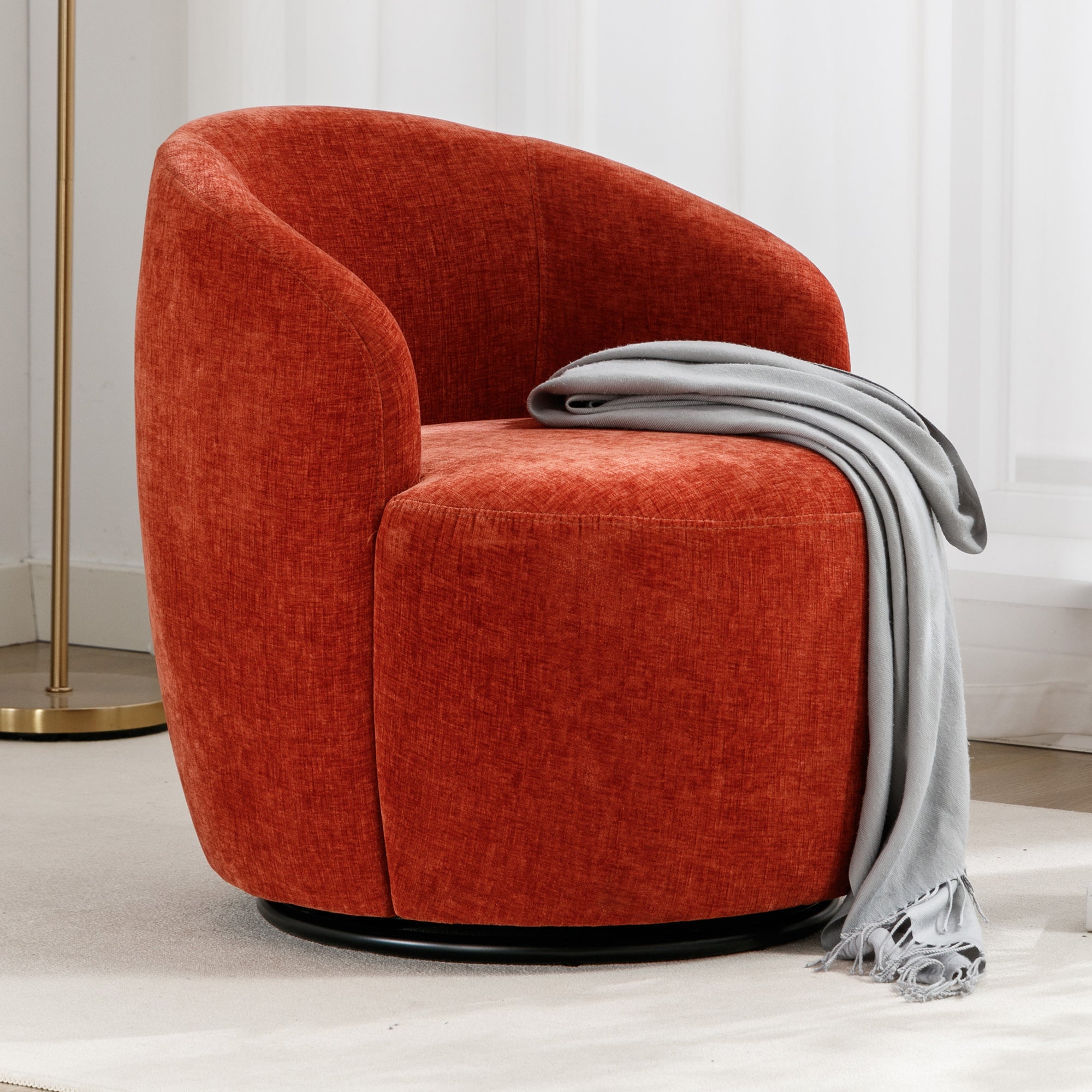 Orange Chenille Swivel Chair | Black Ring Base