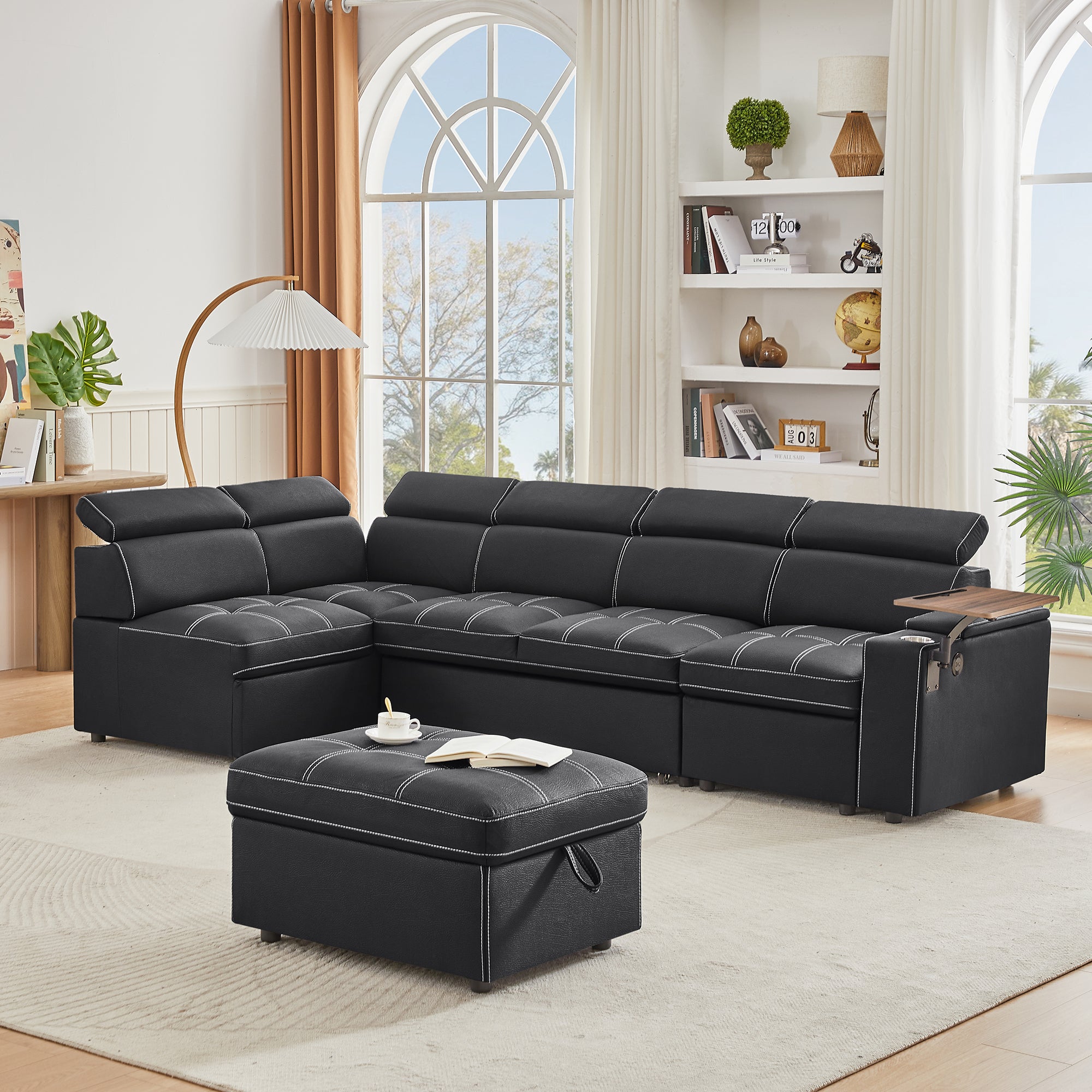 Black Fabric Sectional Sofa w/ Storage Ottoman