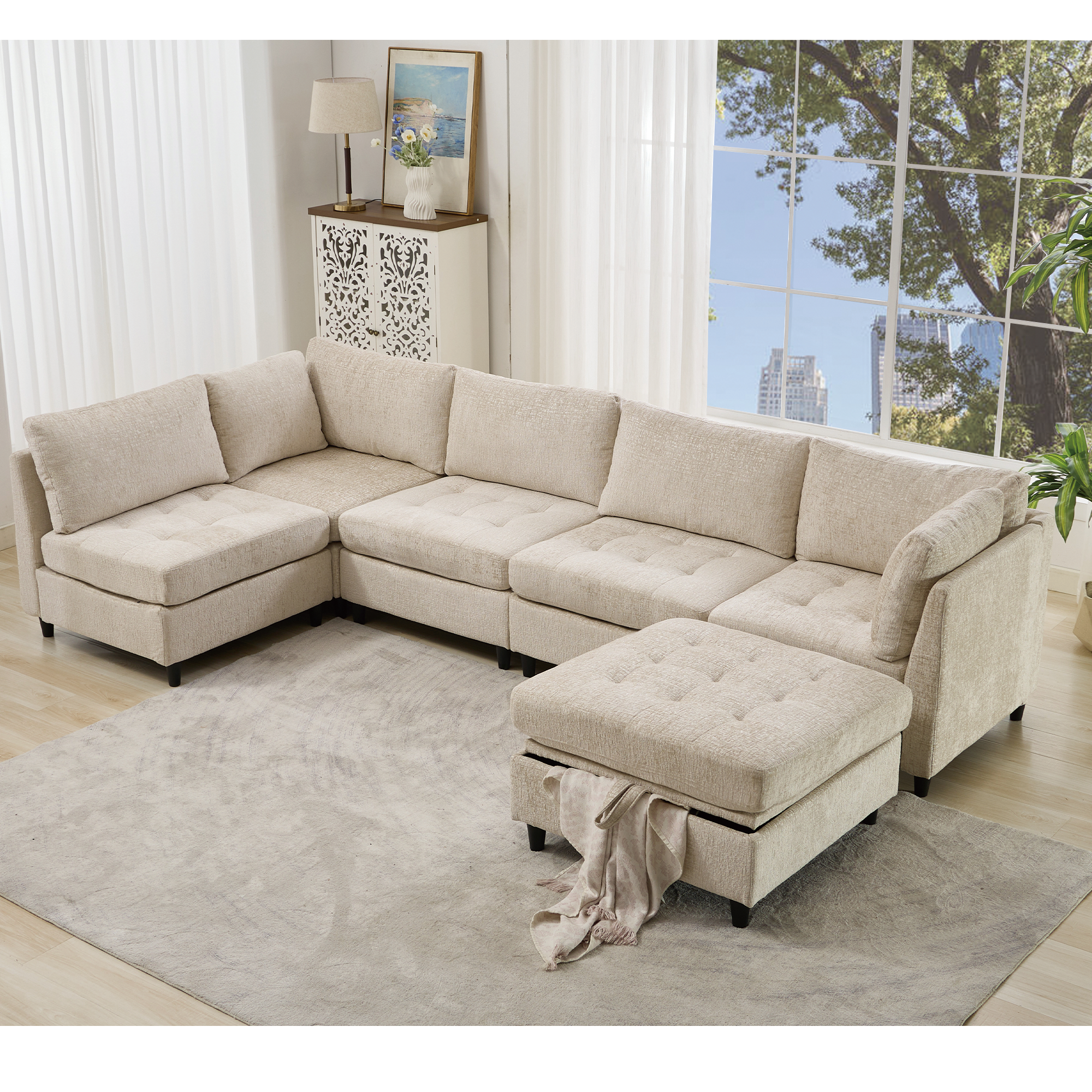 Beige Modular Sectional Sofa w/Ottoman & Storage