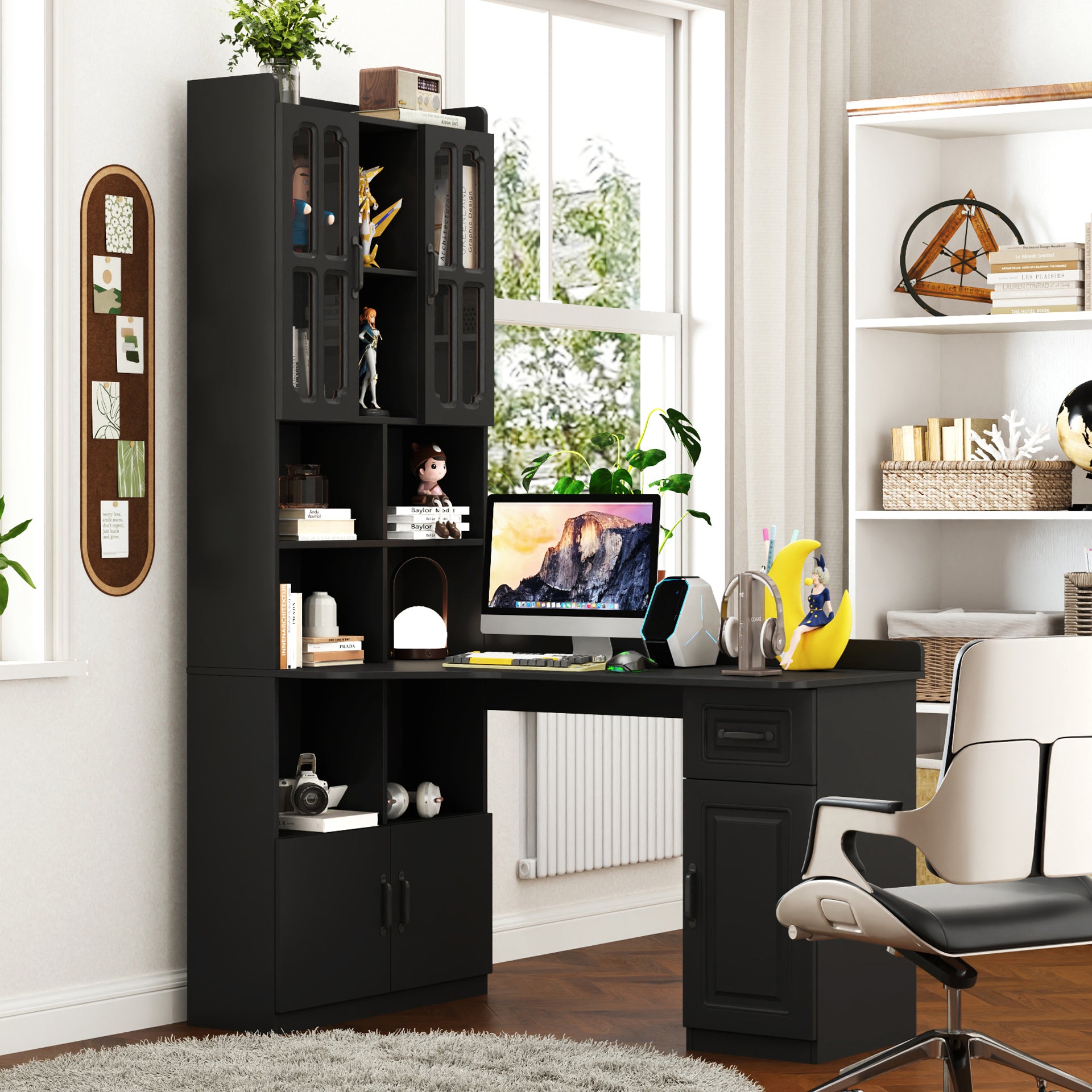 L-Shaped Corner Desk w/ Drawers, Hutch & Bookshelf - Black
